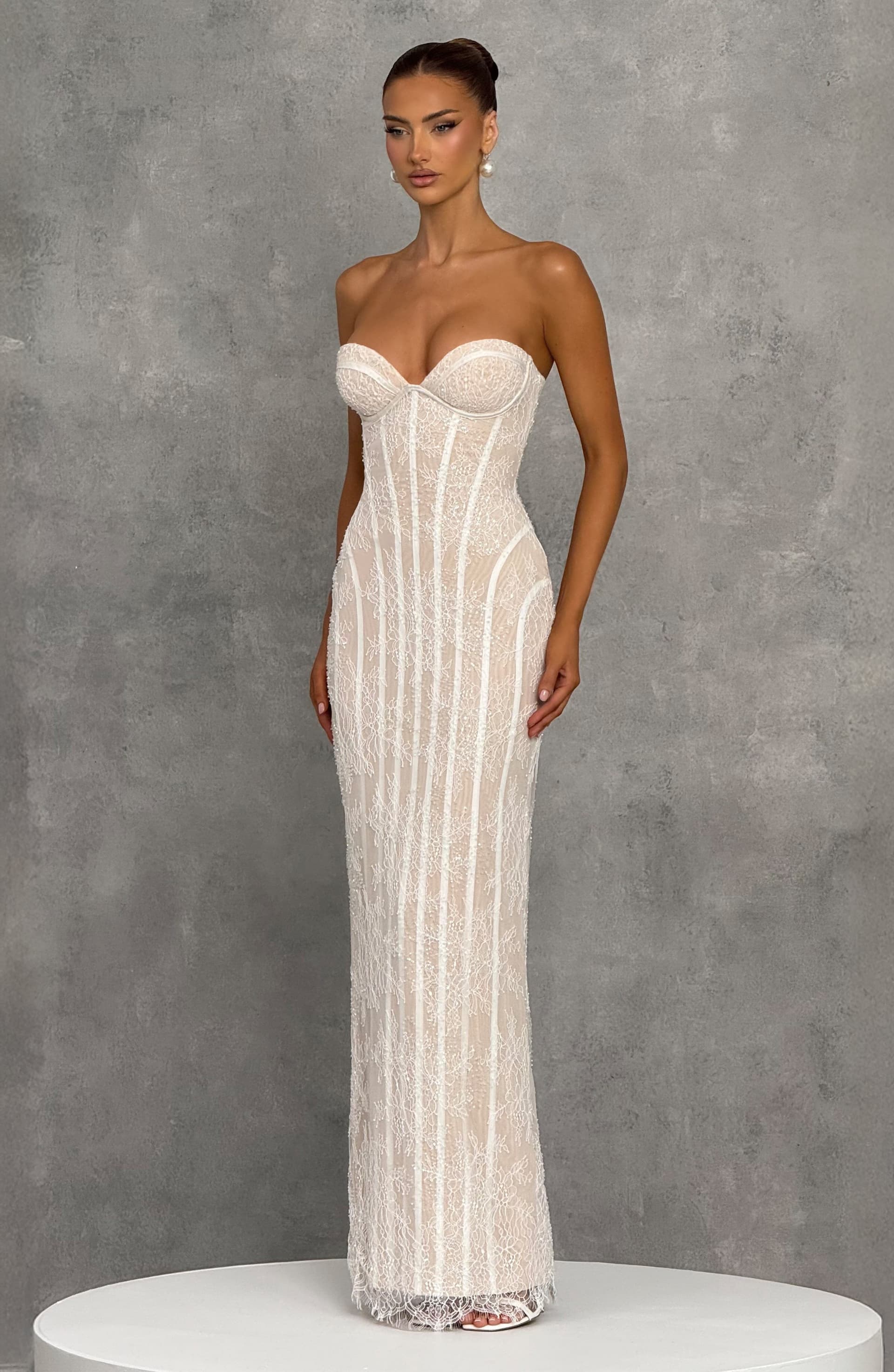 Sian Maxi Dress in Ivory with Floral Lace and Bead Embellishment