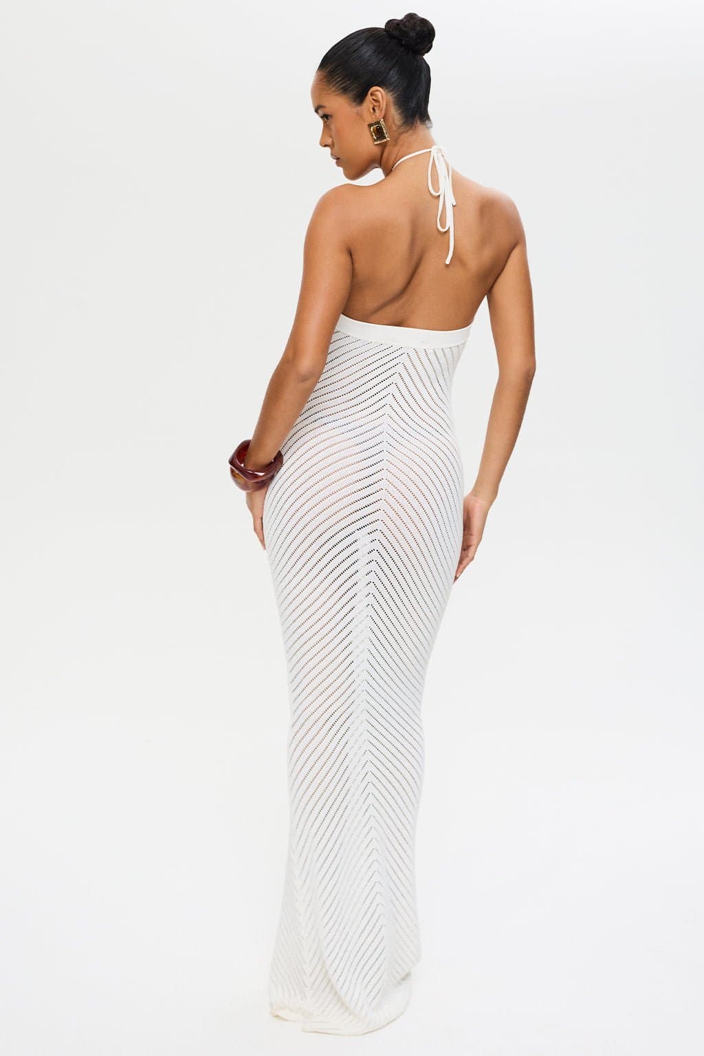 White Knitted Halter Neck Maxi Dress with Chevron Details and Stretch Fabric