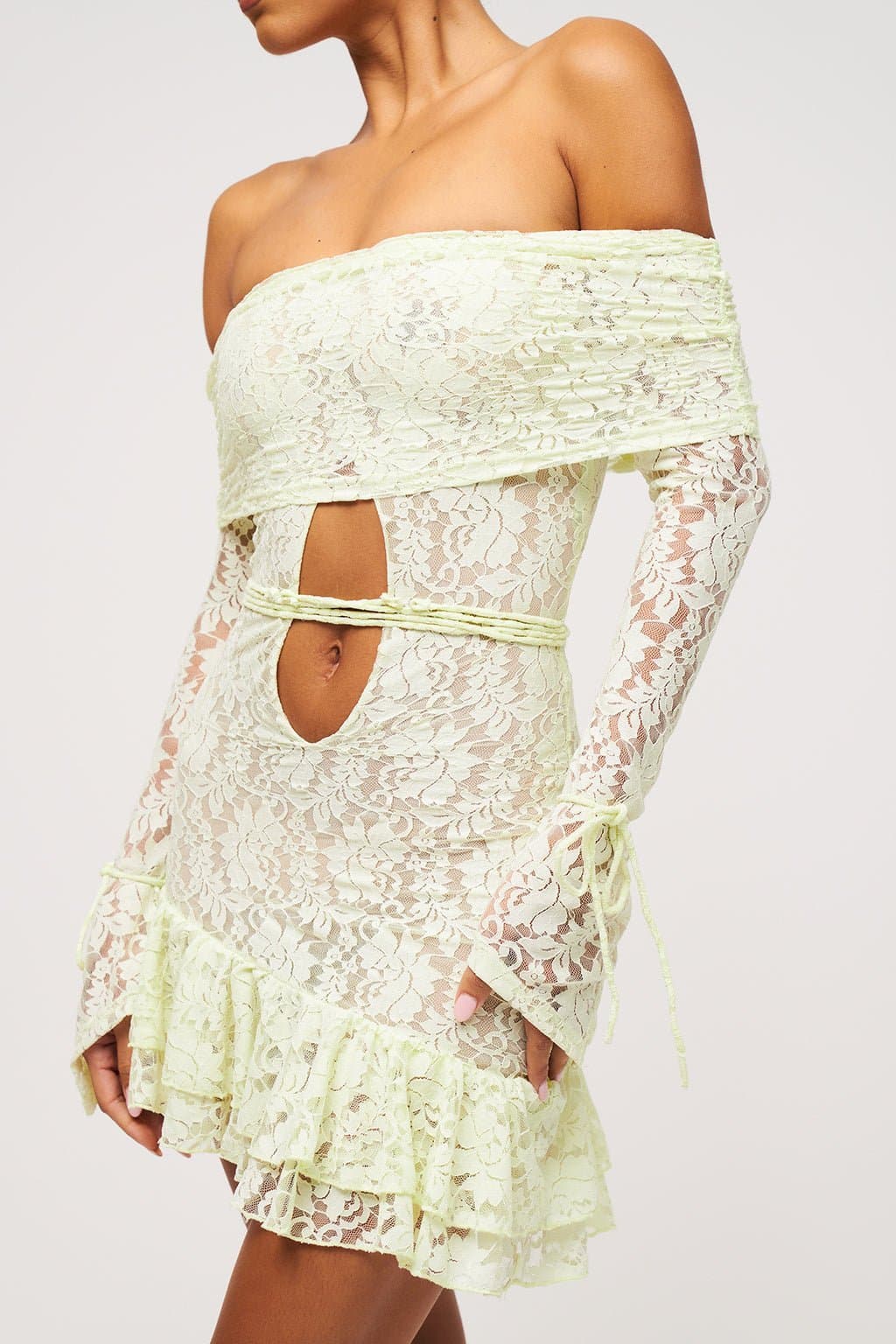 Seafoam Lace Bardot Mini Dress - Tiered Skirt, Full Length Fluted Sleeves, Bodycon Fit