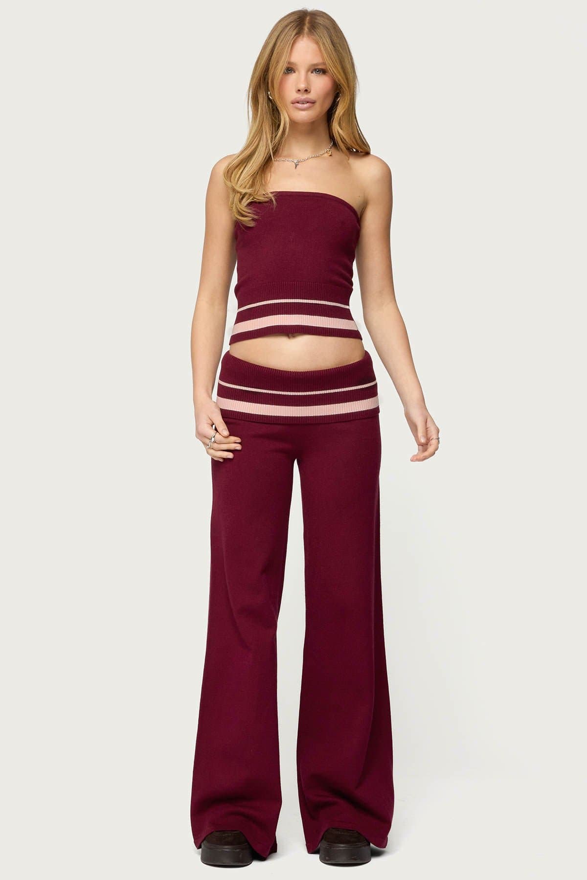 Kaliya Stripey Strapless Knit Top - Striped Hem Ribbed Detail Rayon Nylon Polyester