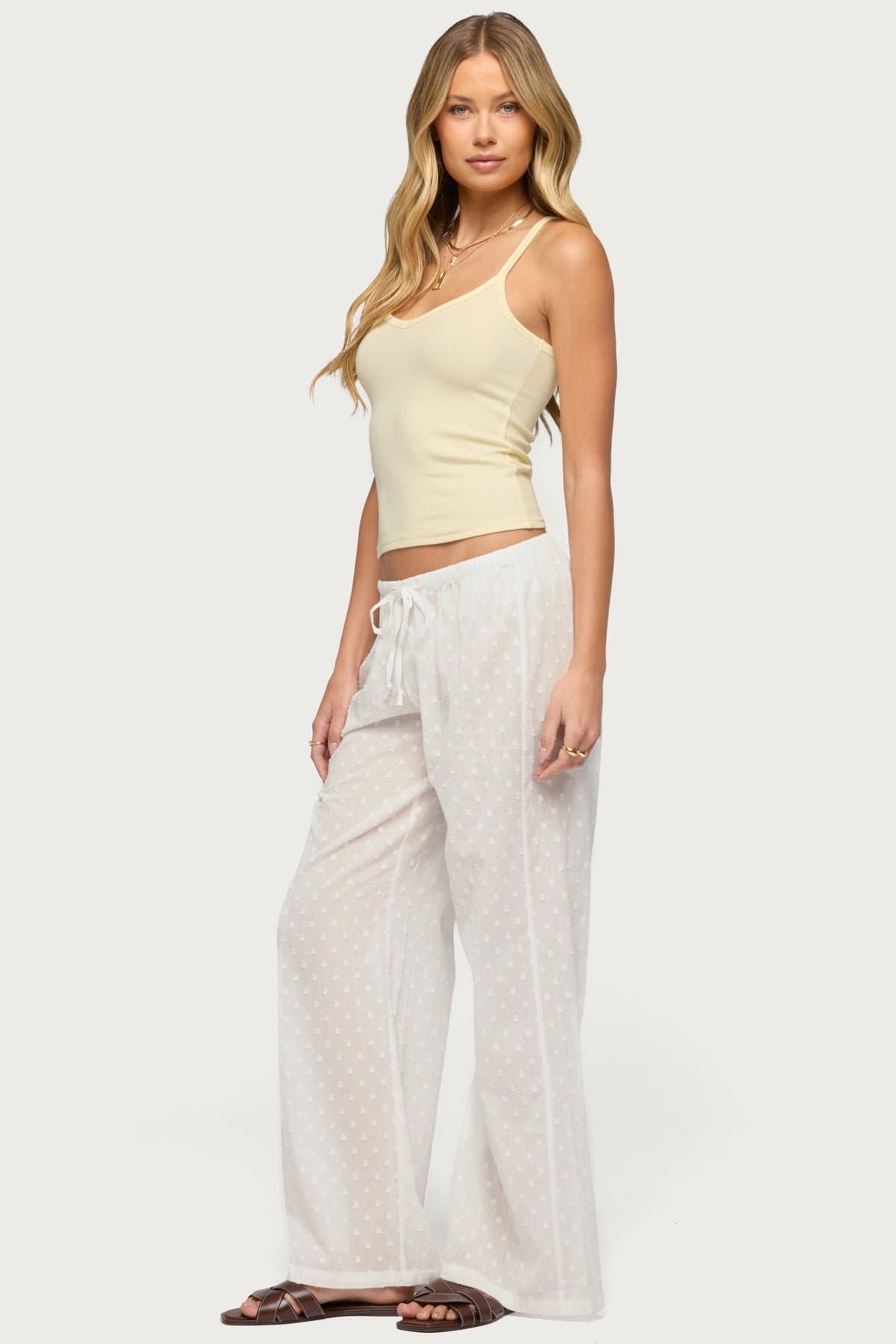 Embroidered Polka Dot Sheer Cotton Pants - Adjustable Tie Waist