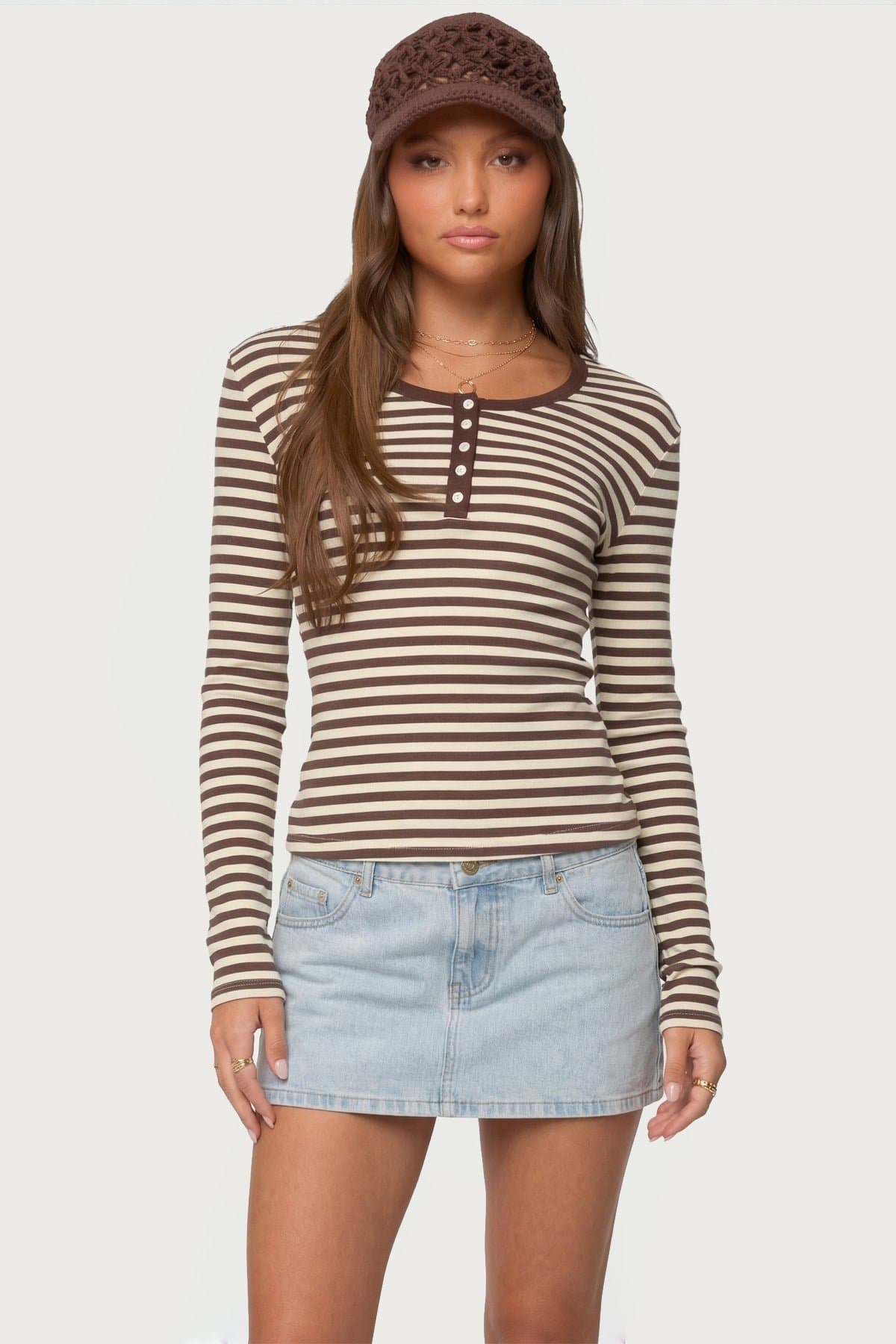 Roma Striped Henley Top - Long Sleeve Cotton Spandex Women's Shirt