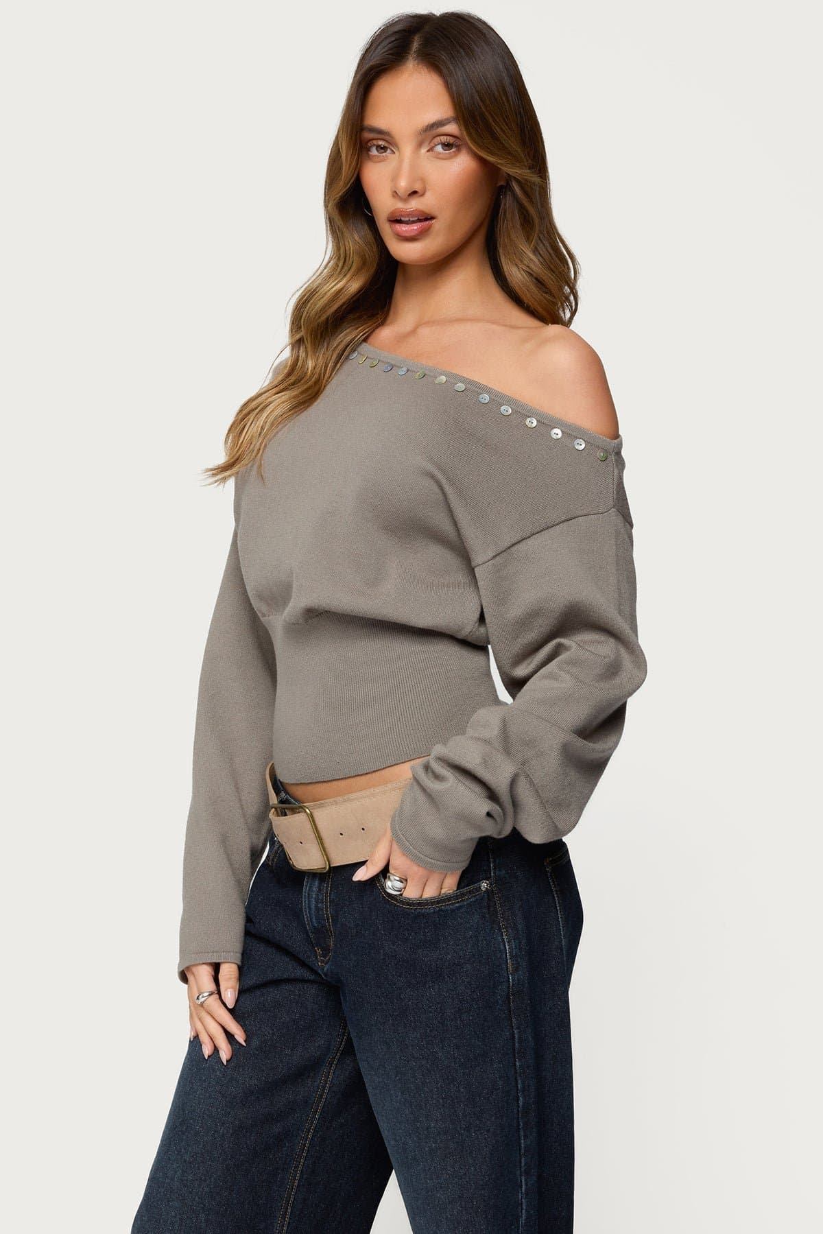 Carmela Iridescent Button Off-Shoulder Sweater - Ribbed Knit Acrylic