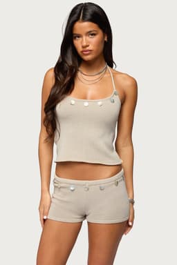 Nicca Iridescent Knit Halter Top with Neck Tie Closure - Cotton Metallic Fibers