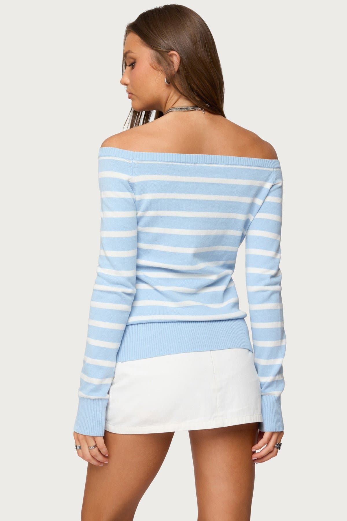 Lori Striped Off Shoulder Cotton Sweater - Ribbed Knit Pullover