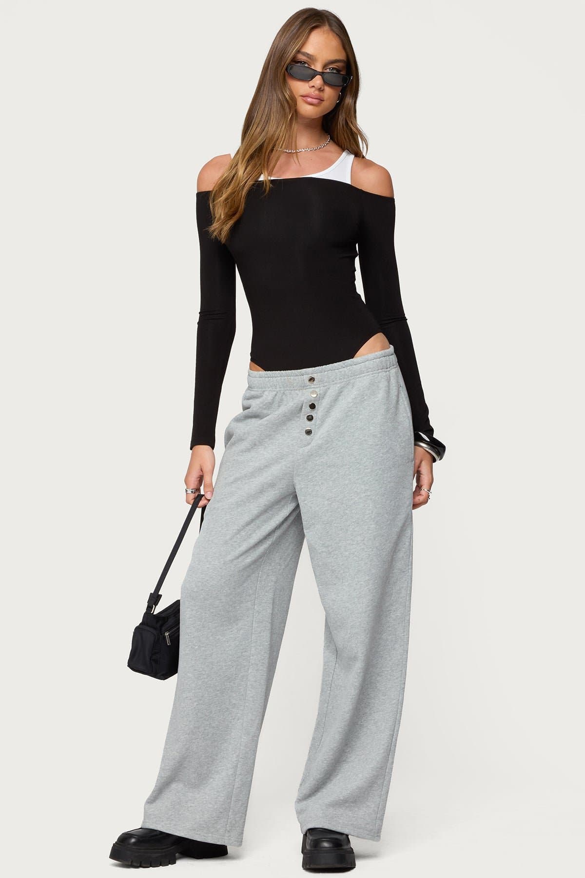 Lorelle Wide Leg Sweatpants - Polyester Cotton Button Detail Inseam 29.9in Size S