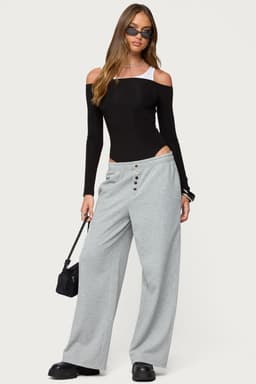 Lorelle Wide Leg Sweatpants - Polyester Cotton Button Detail Inseam 29.9in Size S