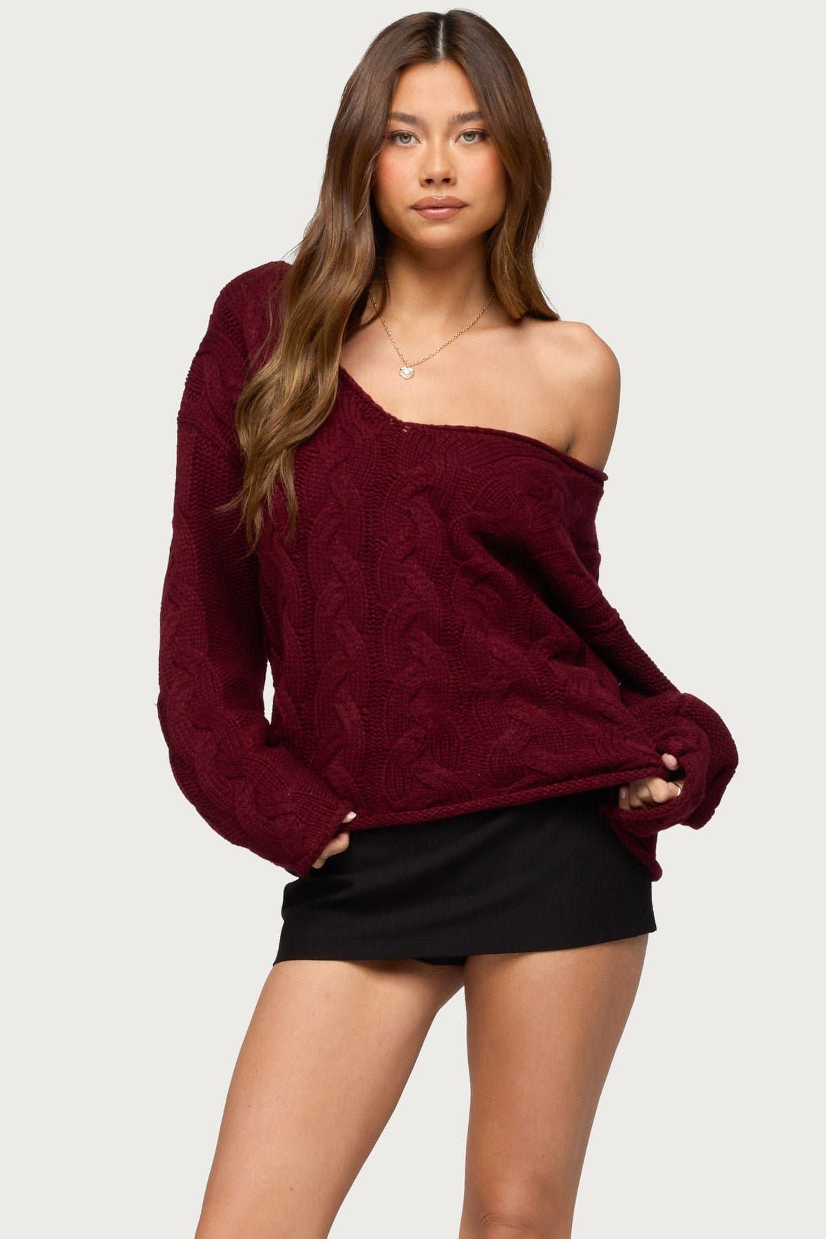 Inga Oversized Cable Knit Sweater - Acrylic Deep V Neck