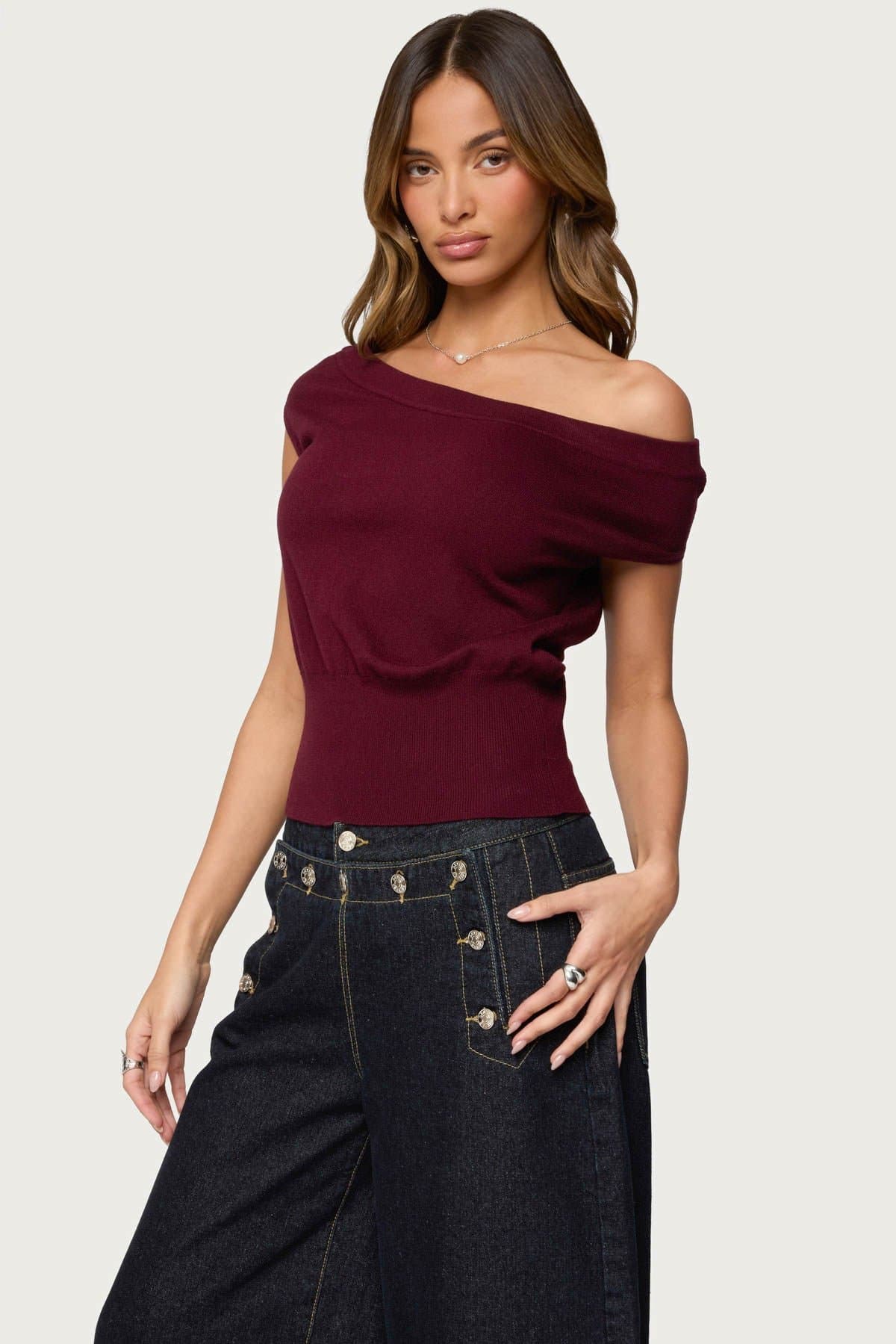 Michaela Off Shoulder Knit Top - Polyester Rayon Ribbed Fitted Hem Size S