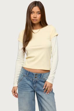 Striped Pointelle Knit Long Sleeve Layered T-Shirt - Cotton Rayon Spandex