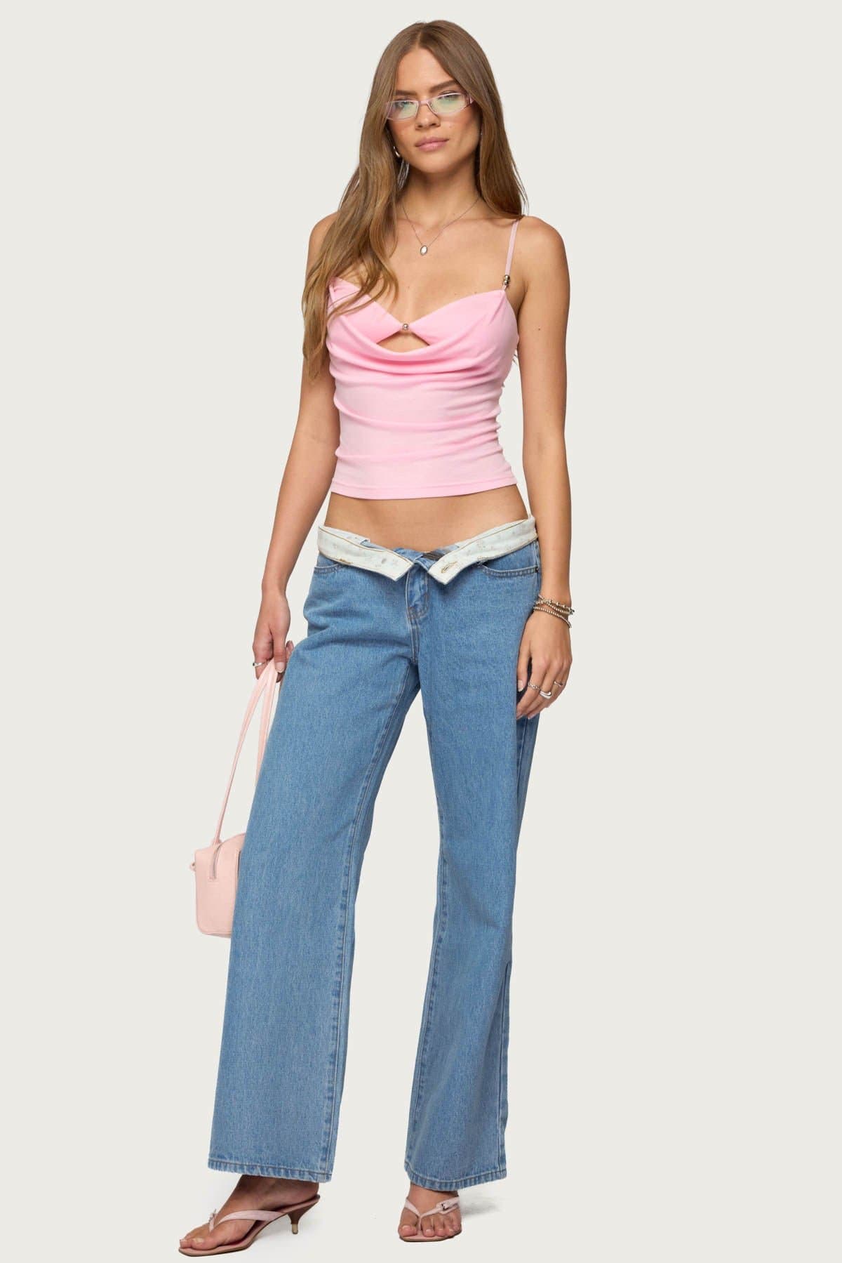 Layered Bra Cowl Neck Tank Top - Adjustable Straps, Beaded Detailing, Rayon Spandex