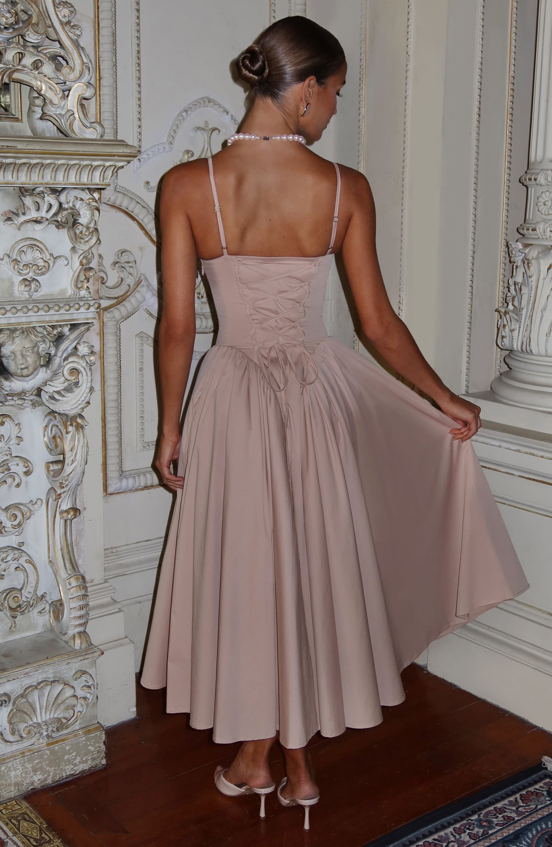 Emerson Midi Dress in Clay - Sweetheart Neckline Lace-Up Back Dropped Waist