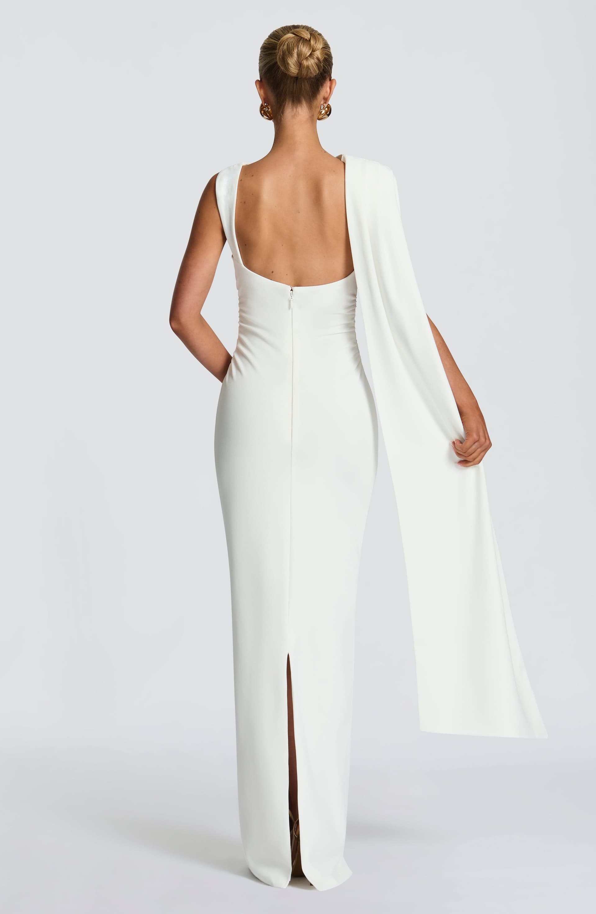 Kylie Maxi Dress in Ivory - Stretch Crepe Column Silhouette with Back Split