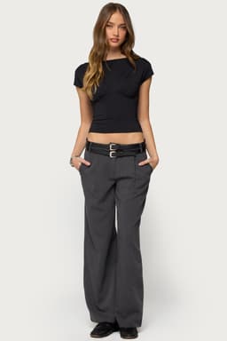 Andy Double Belt Straight Leg Tailored Pants - Polyester Rayon Spandex