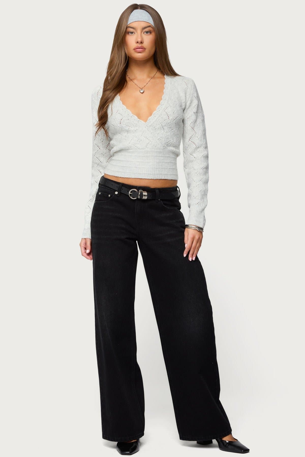 Janine Pointelle Knit Long Sleeve V-Neck Wrap Top with Cinched Waist