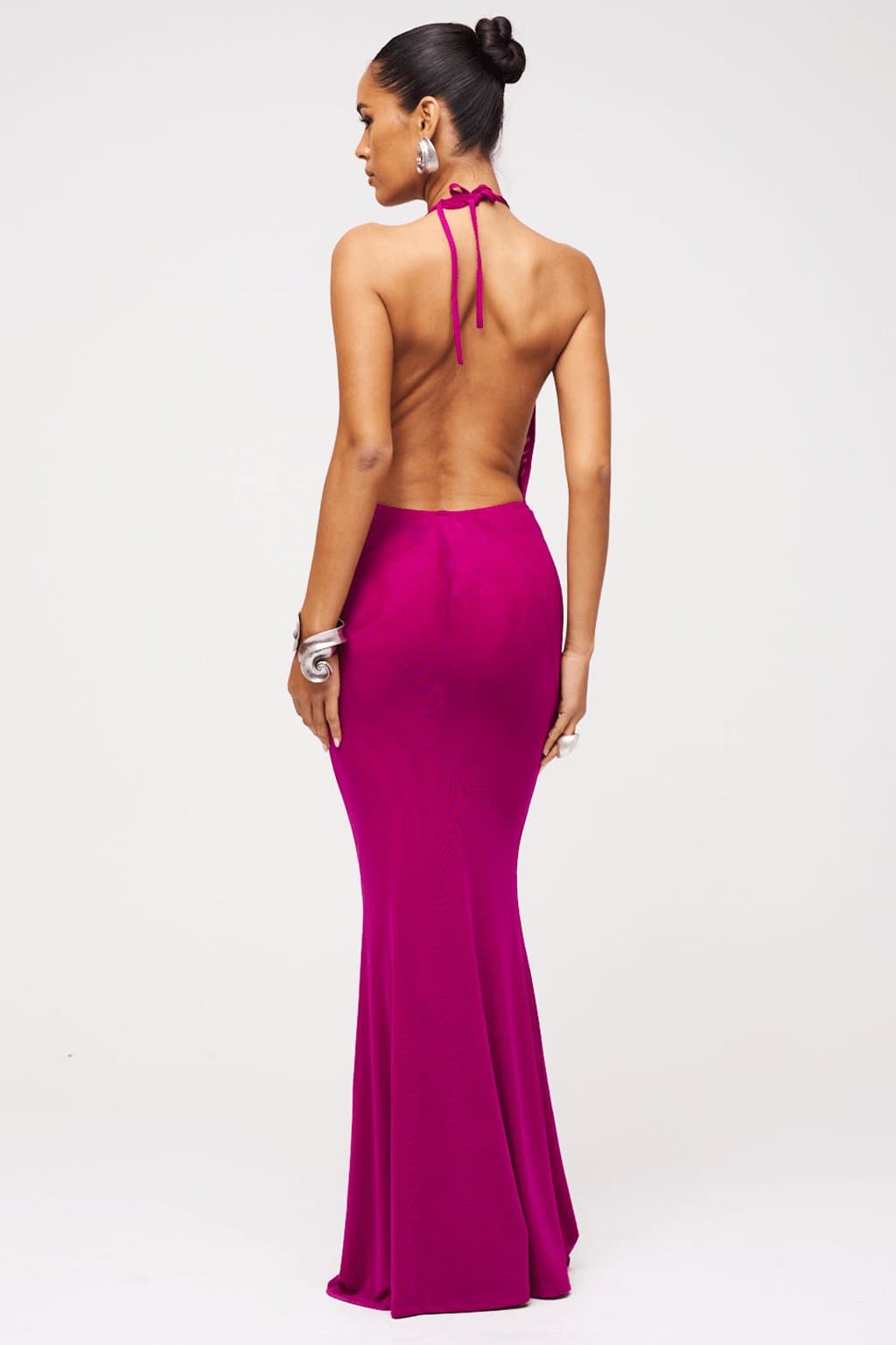 AYDA Deep Cowl Neck Maxi Dress in Fuchsia - Backless Fit and Flare with Halter Ties