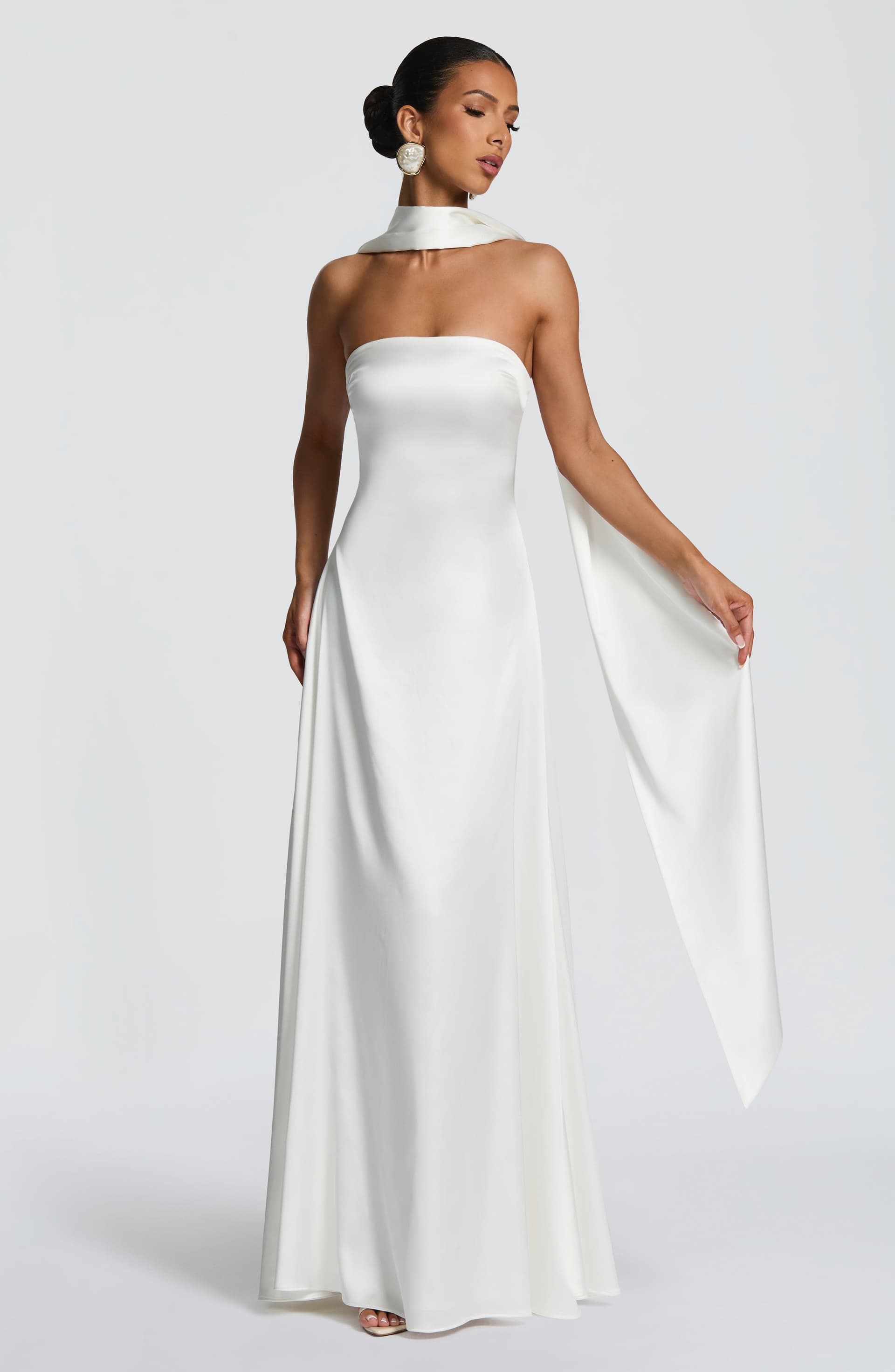 Morven Maxi Dress in Ivory - Strapless Satin A-Line with Lace-Up Back