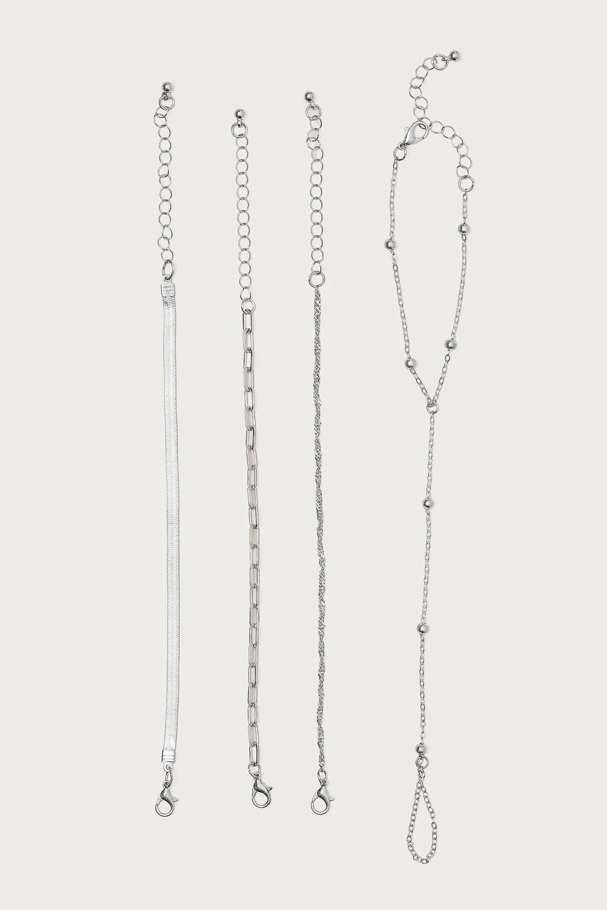 Handchain & Assorted Chain Bracelet Pack Silver Tone Metal 6.6 Inch