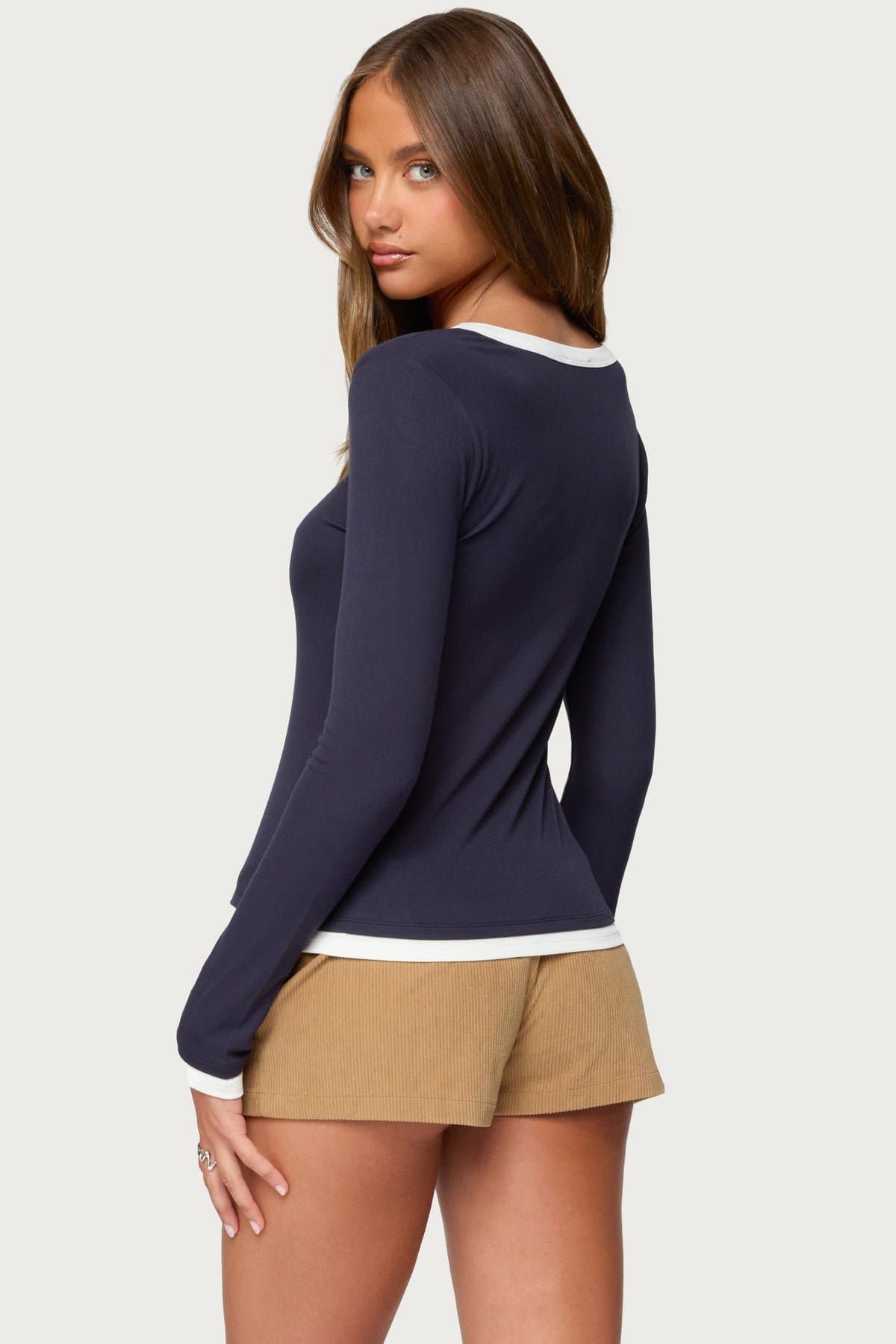 Contrast Layered Look Henley Top - Long Sleeve Rayon Spandex