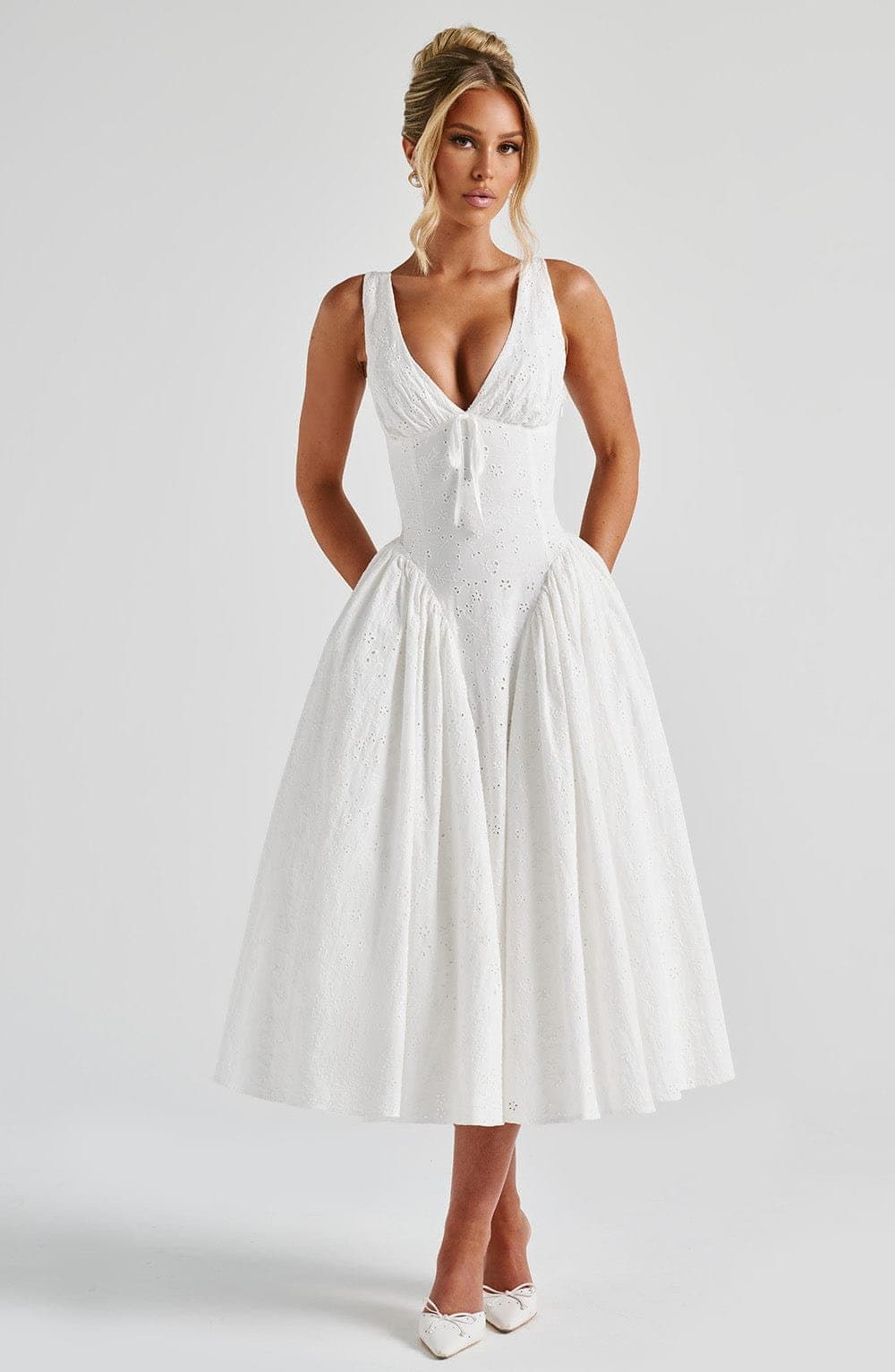 Monroe Midi Dress in Ivory with Broderie Anglaise, Plunge Neckline, Lace-Up Back