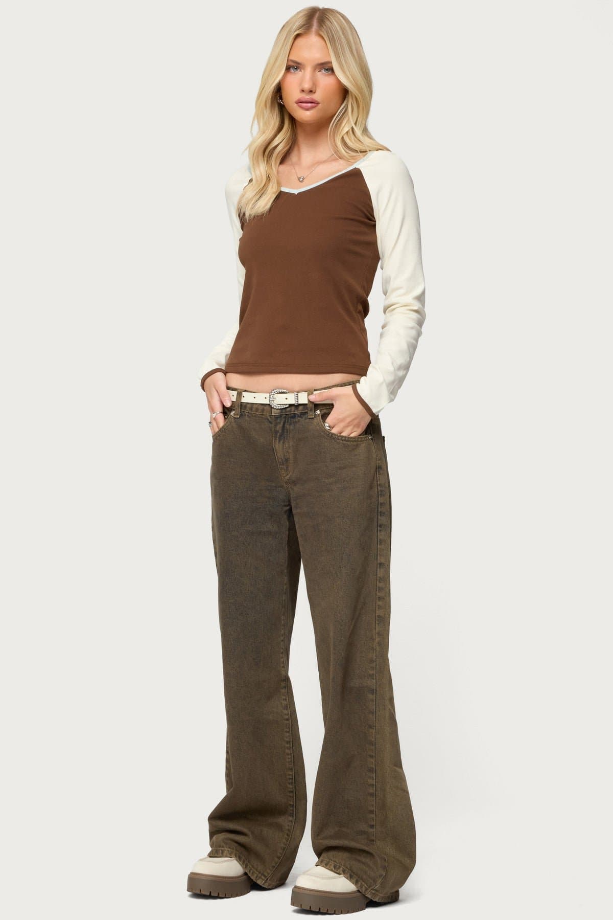 Ronie Contrast Raglan Top - Long Sleeve V-Neck Cotton Spandex Women's Top