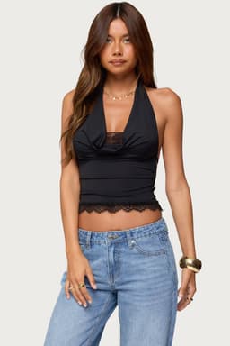 Layered Lacey Cowl Neck Halter Top with Open Back - Nylon Spandex