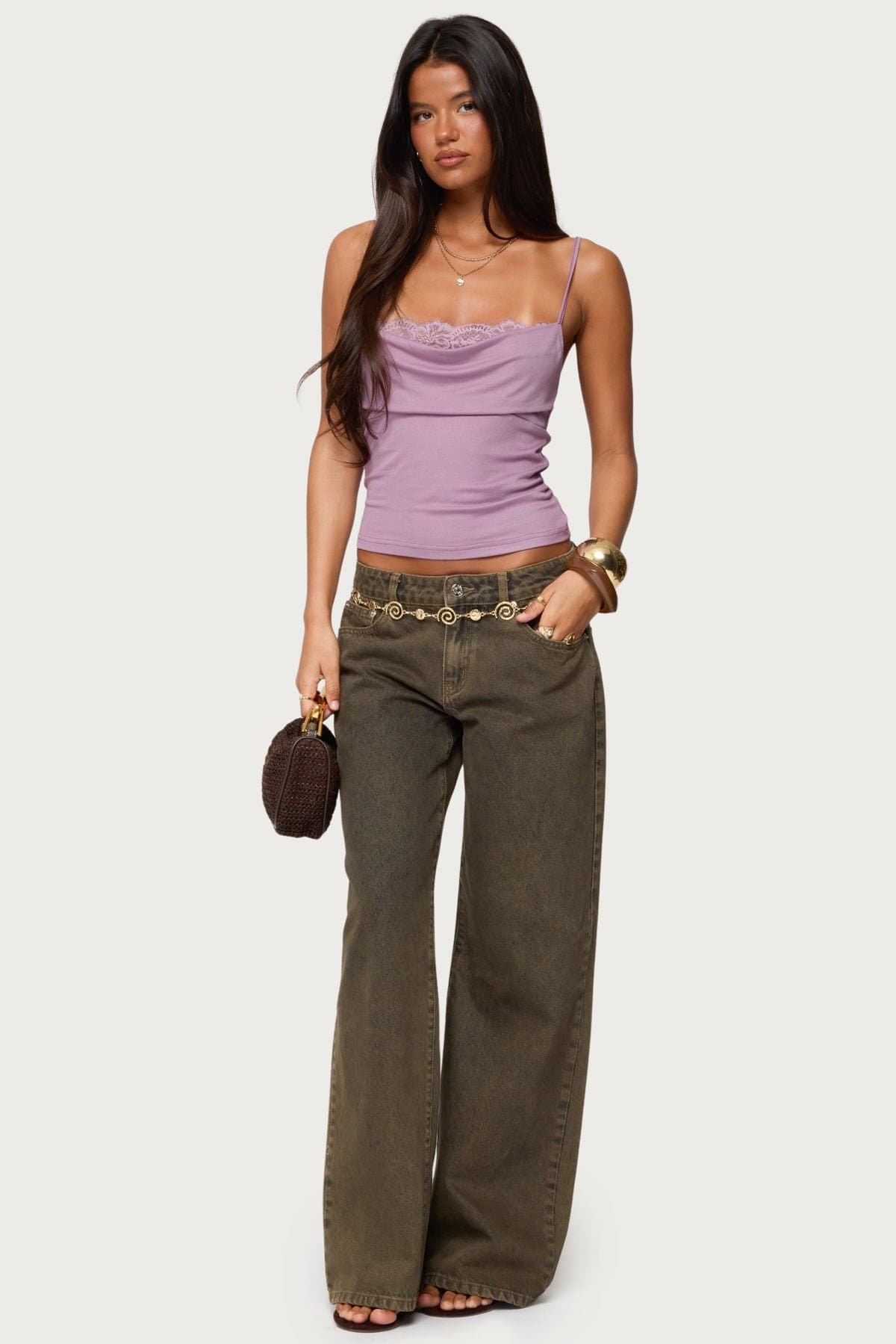 Bobbie Layered Lace Cowl Neck Tank Top with Adjustable Straps Polyester Spandex