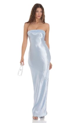 Strapless Satin Open Back Maxi Dress in Light Blue