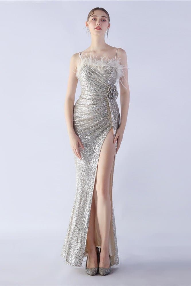 Ostrich Feather Embellished V-Neck Sleeveless Maxi Dress