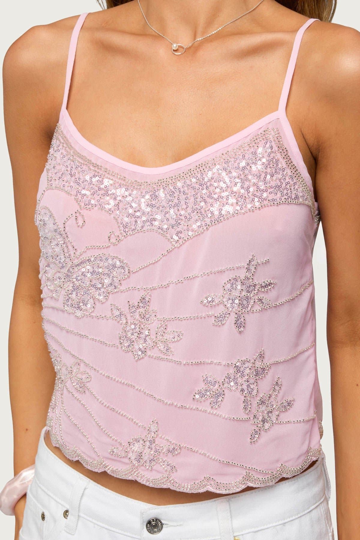 Bead & Sequin Chiffon Tank Top with Adjustable Straps