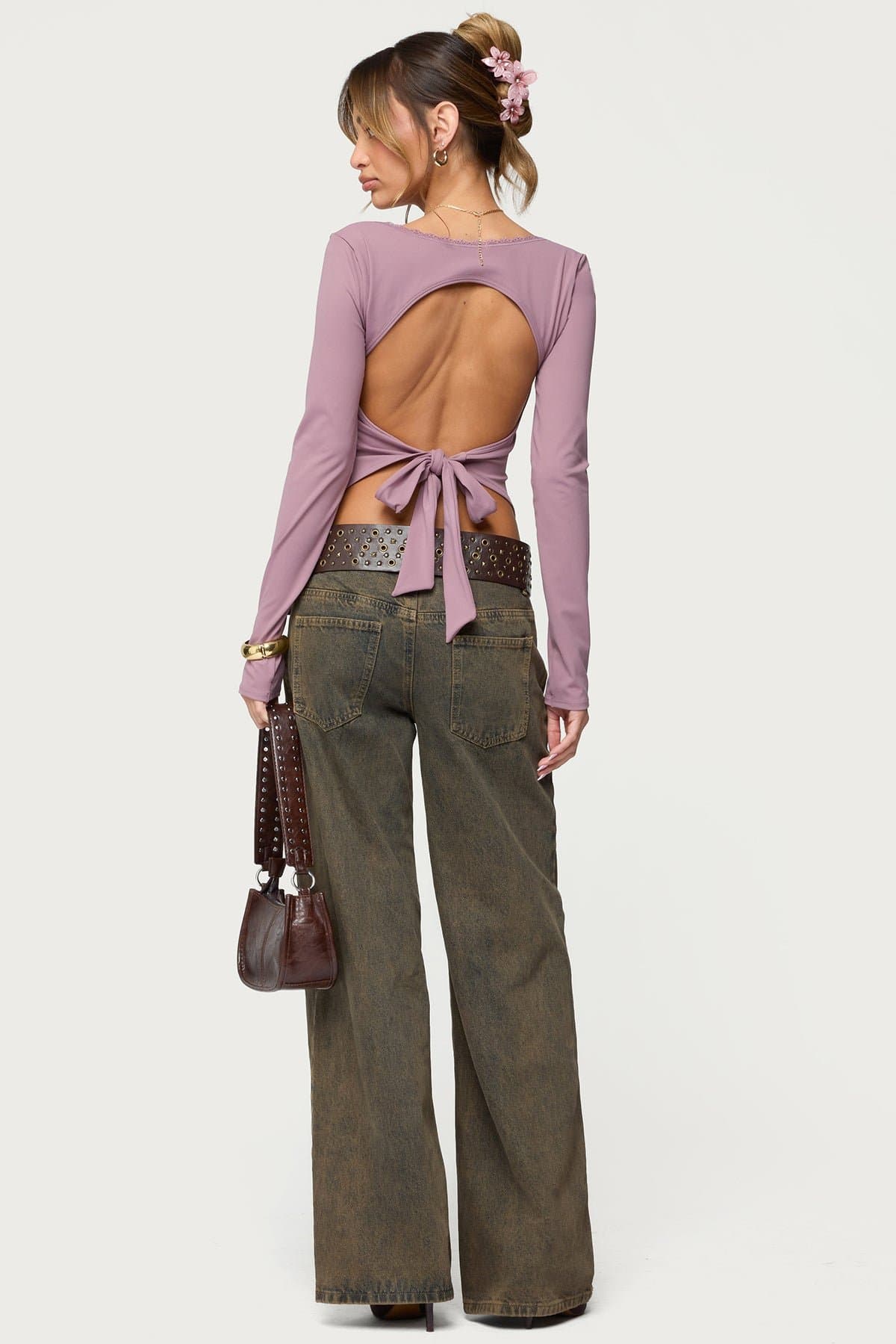 Polly Lacey Tie Back Top - Long Sleeve Square Neck Polyester Spandex