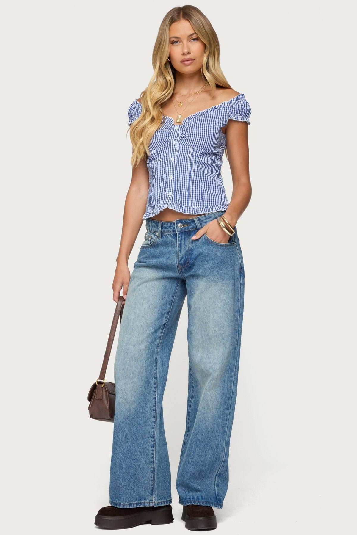 Dorothie Gingham Button Up Top - 100% Cotton Wide V Neck Short Puff Sleeves