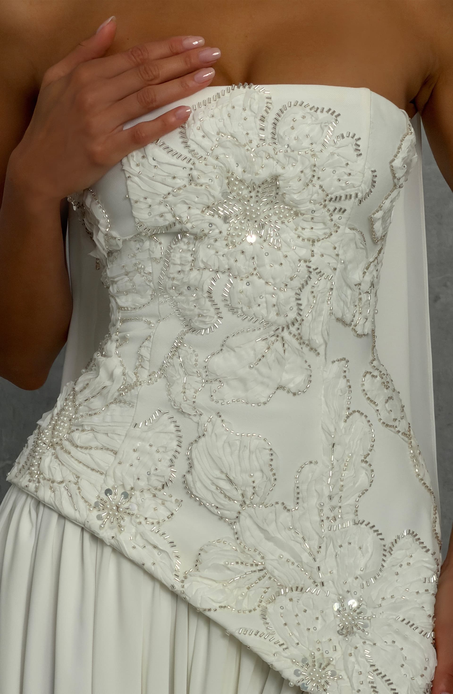 Anneliese Maxi Dress in Ivory Crepe Bodice Chiffon Skirt with Embellishments