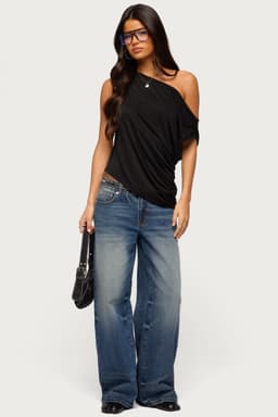 Ofelia Asymmetric Off Shoulder Ruched Top in Rayon Polyester