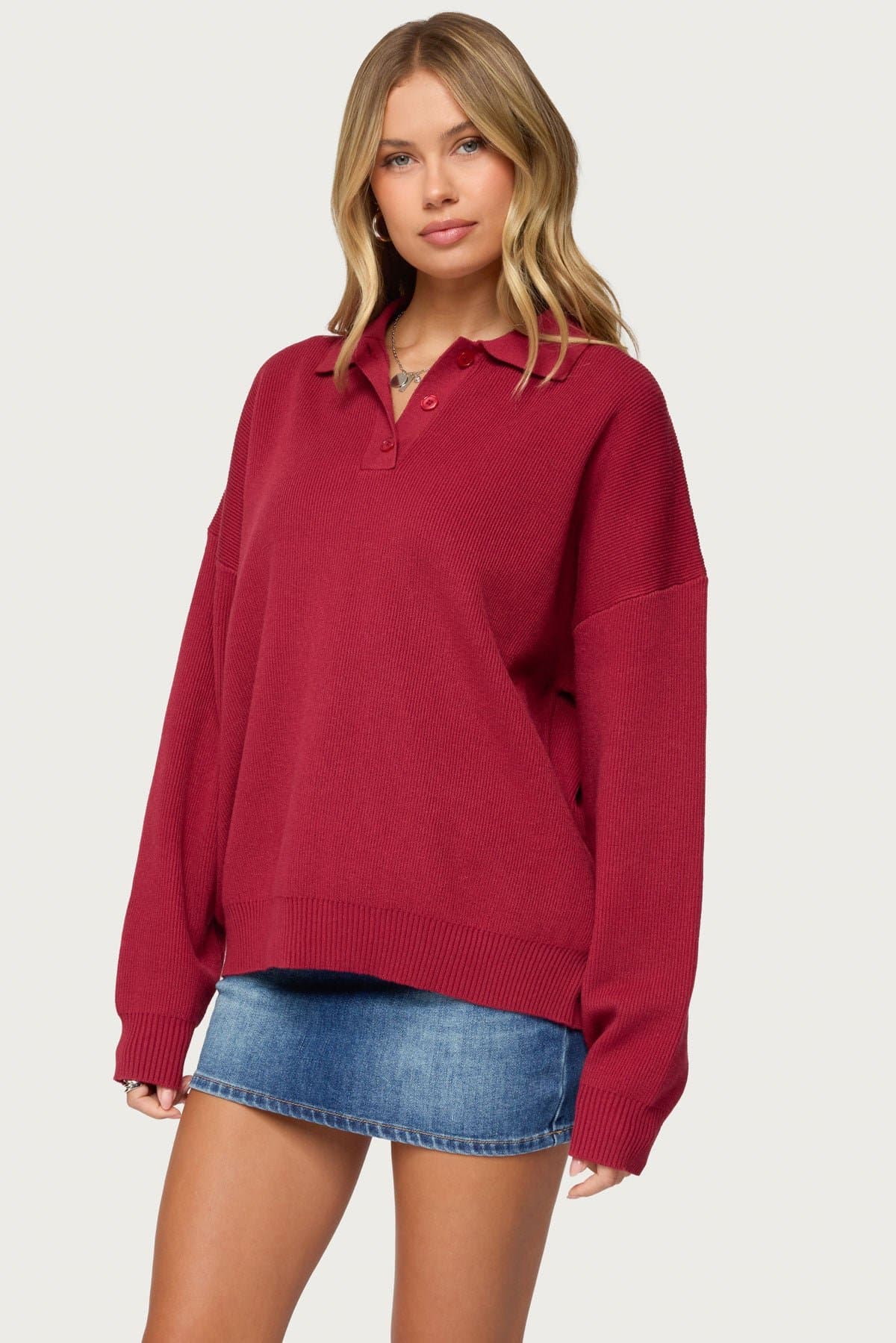 Lorie Oversized Knit Polo Sweater - Rayon Nylon Polyester Rugby Shirt