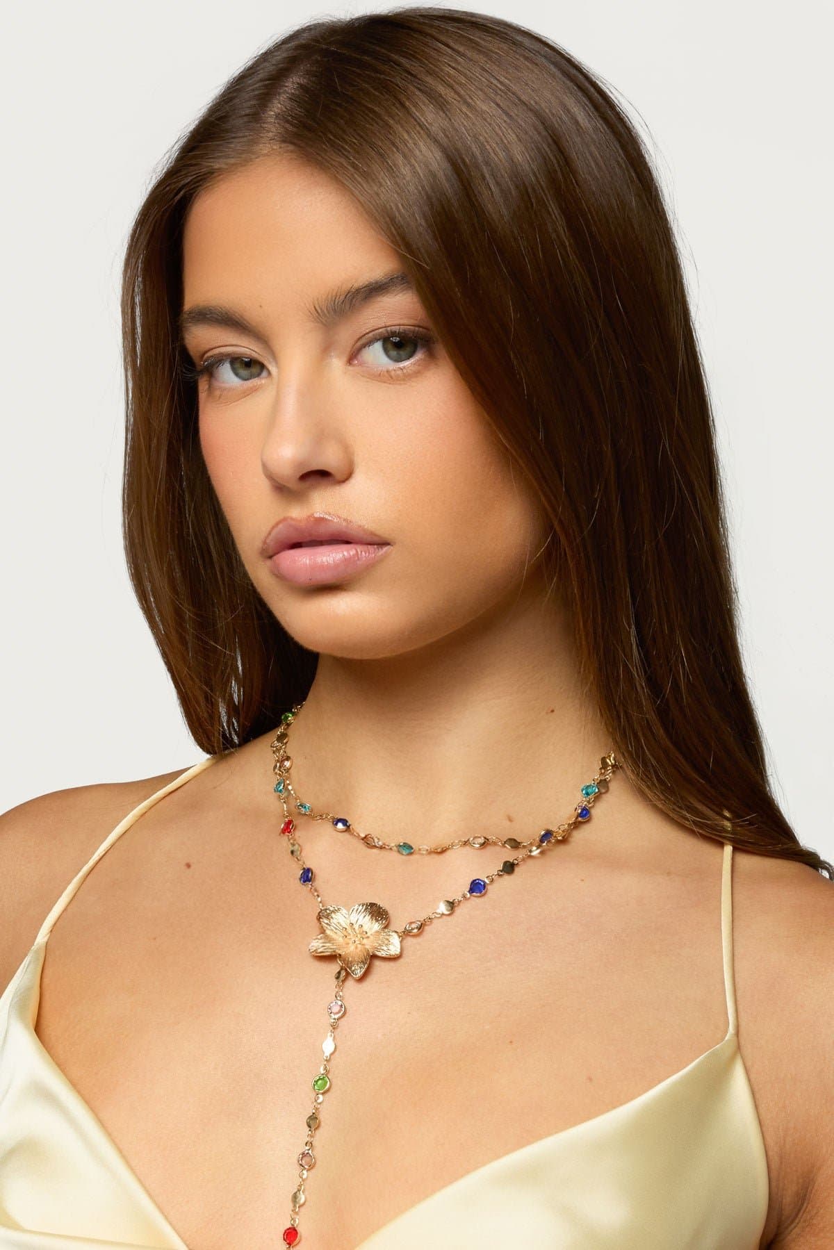Flower Cascading Gemstone Necklace Set with Gold Tone Chain and Adjustable Length 15-21.3 Inches