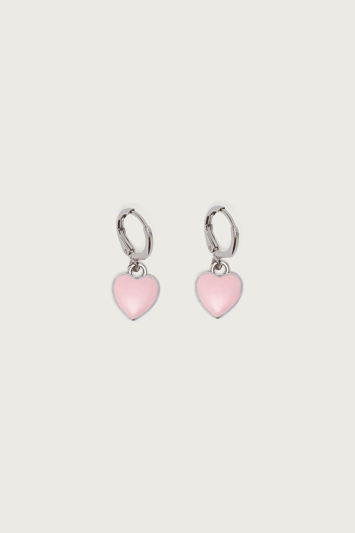 Pinky Heart Hoop Earrings Silver Tone Metal 1 Inch Length