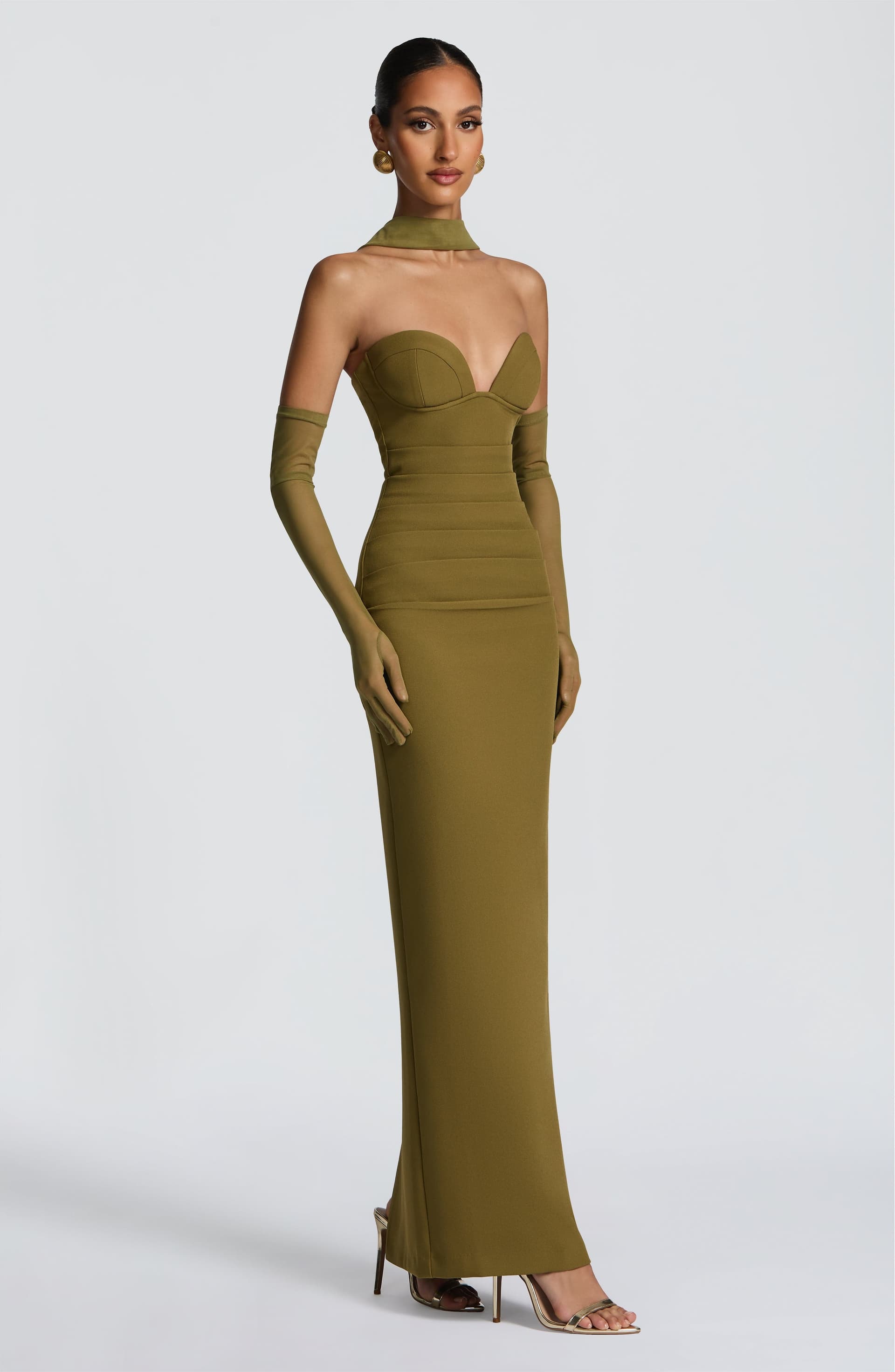 Lindsey Maxi Dress Deep Olive Strapless Underwired Crepe
