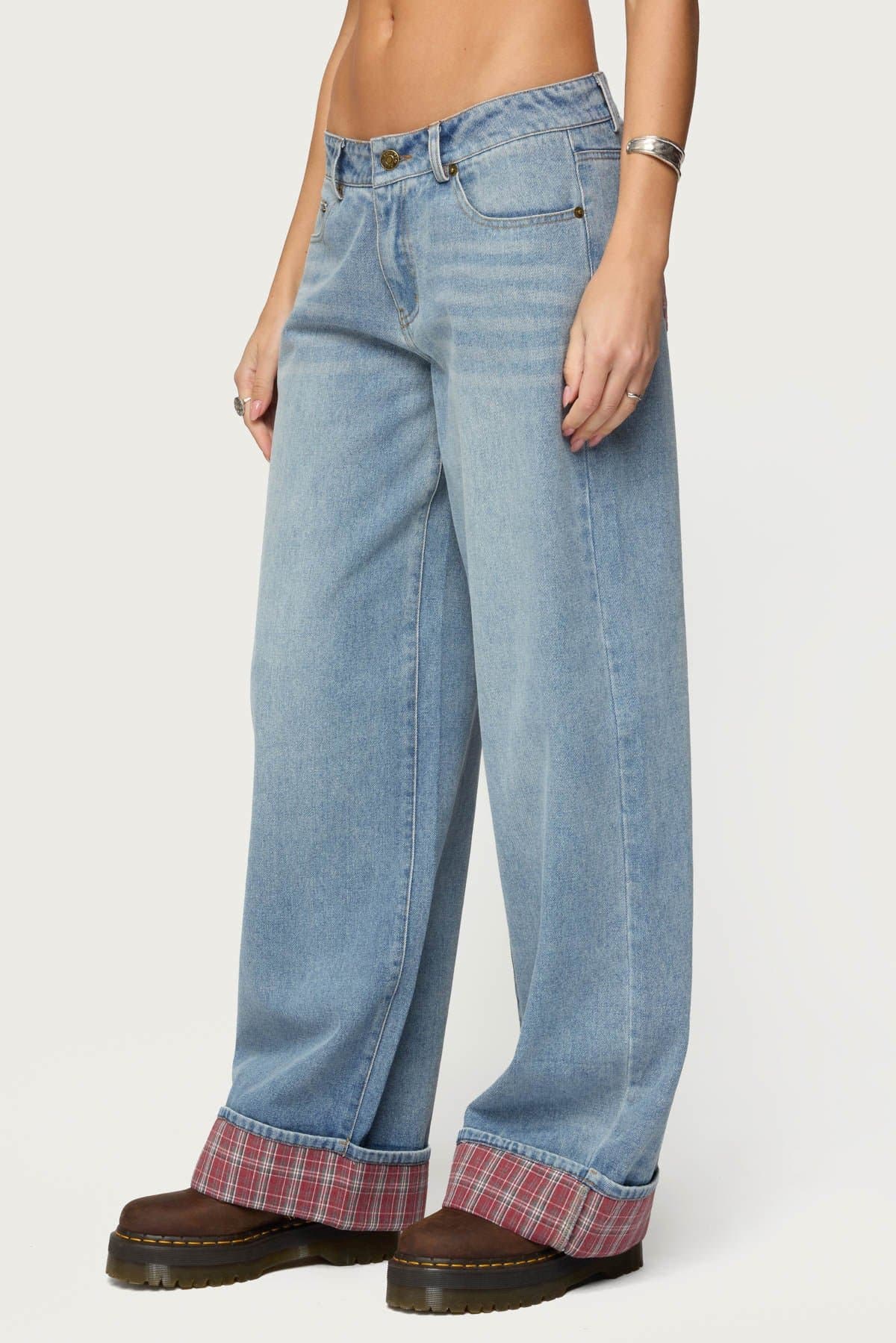 Plaid Cuffed Low Rise Baggy Jeans - Rigid Cotton Polyester Denim