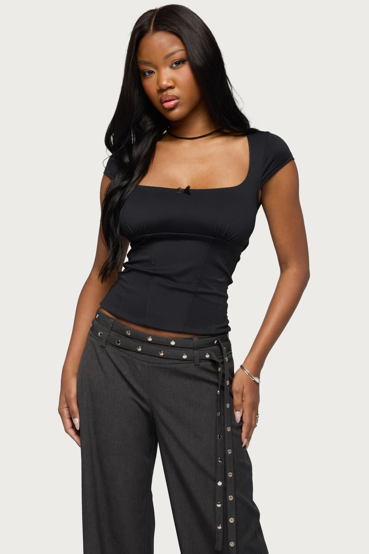 Laiah Square Neck Top with Center Bow and Underbust Stitching Nylon Spandex