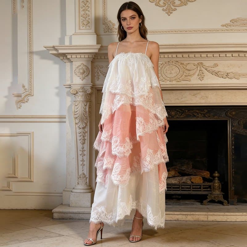 Lace Tiered Colorblock Slip Maxi Dress, Flowy Spaghetti Strap Gown for Wedding and Special Occasions S-XL