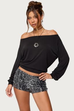 Nannie Off Shoulder Oversized Long Sleeve Top - Rayon Nylon Spandex
