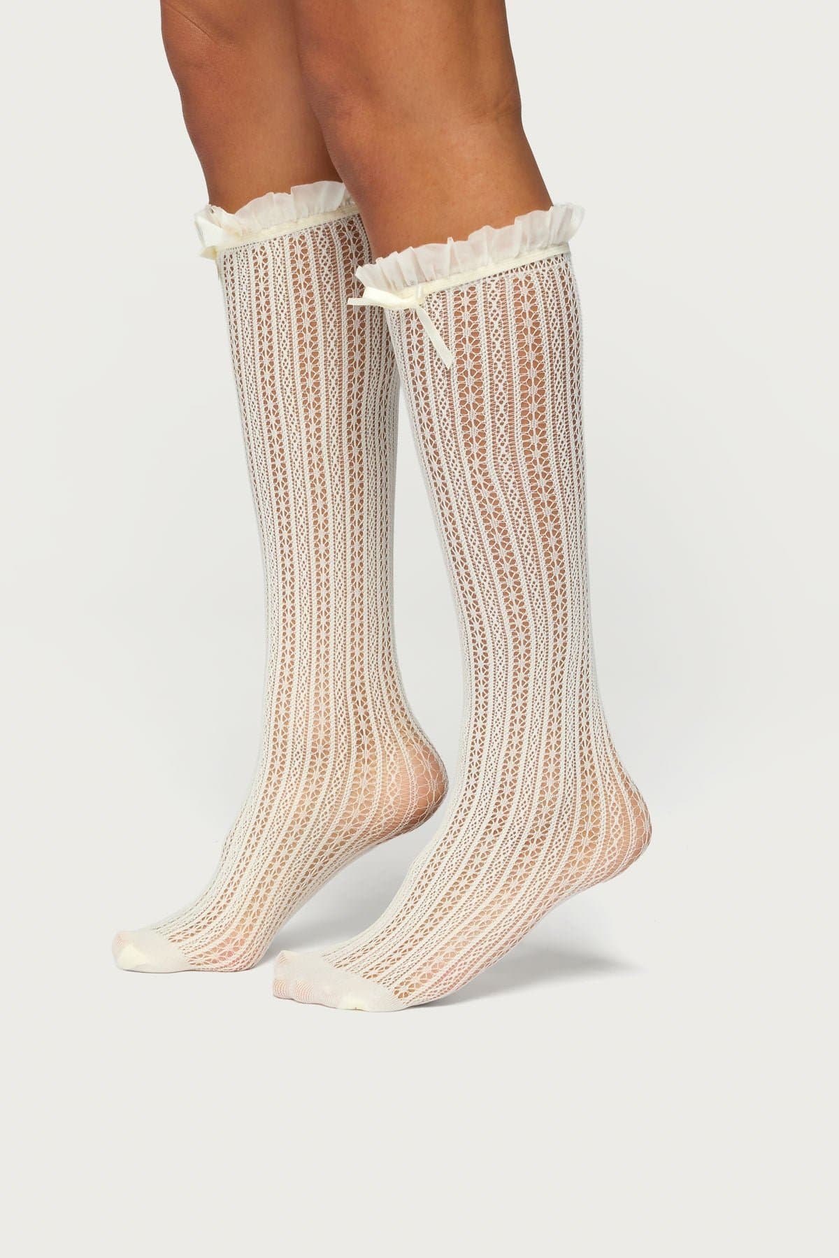 Sheer Lace Socks with Bow Detail - Nylon Spandex