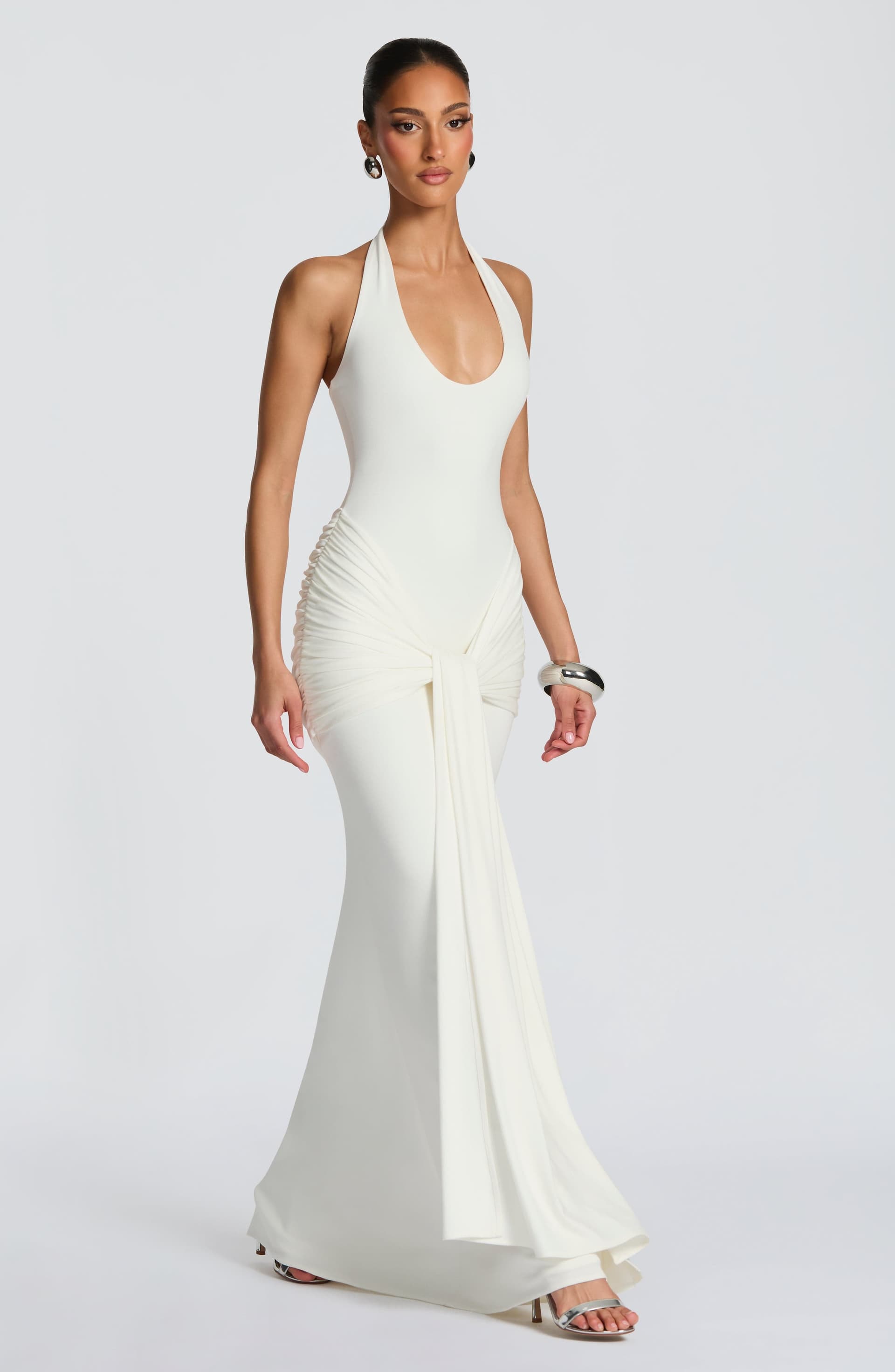 Veneda Maxi Dress in Ivory - Modal Jersey Plunge Neckline Halter Ties Ruched Hips