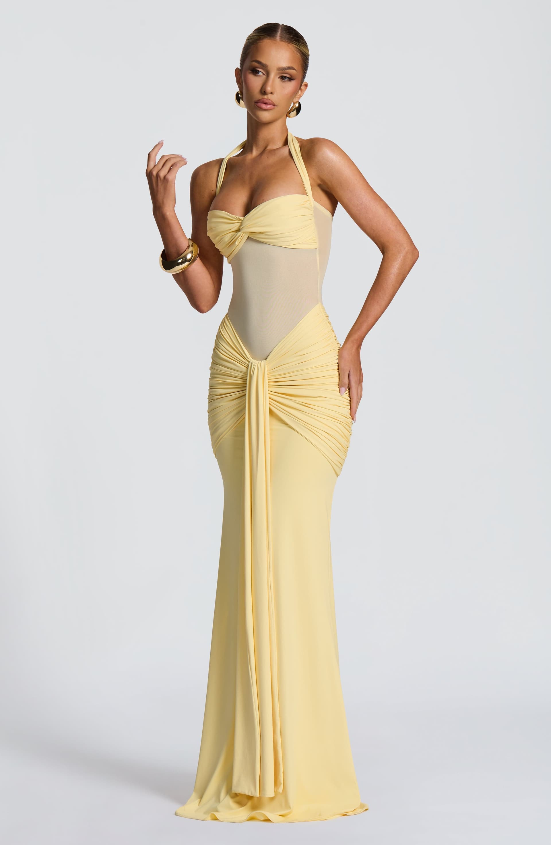 Vixen Lemon Maxi Dress - Stretch Jersey Mesh Sweetheart Halter Neckline
