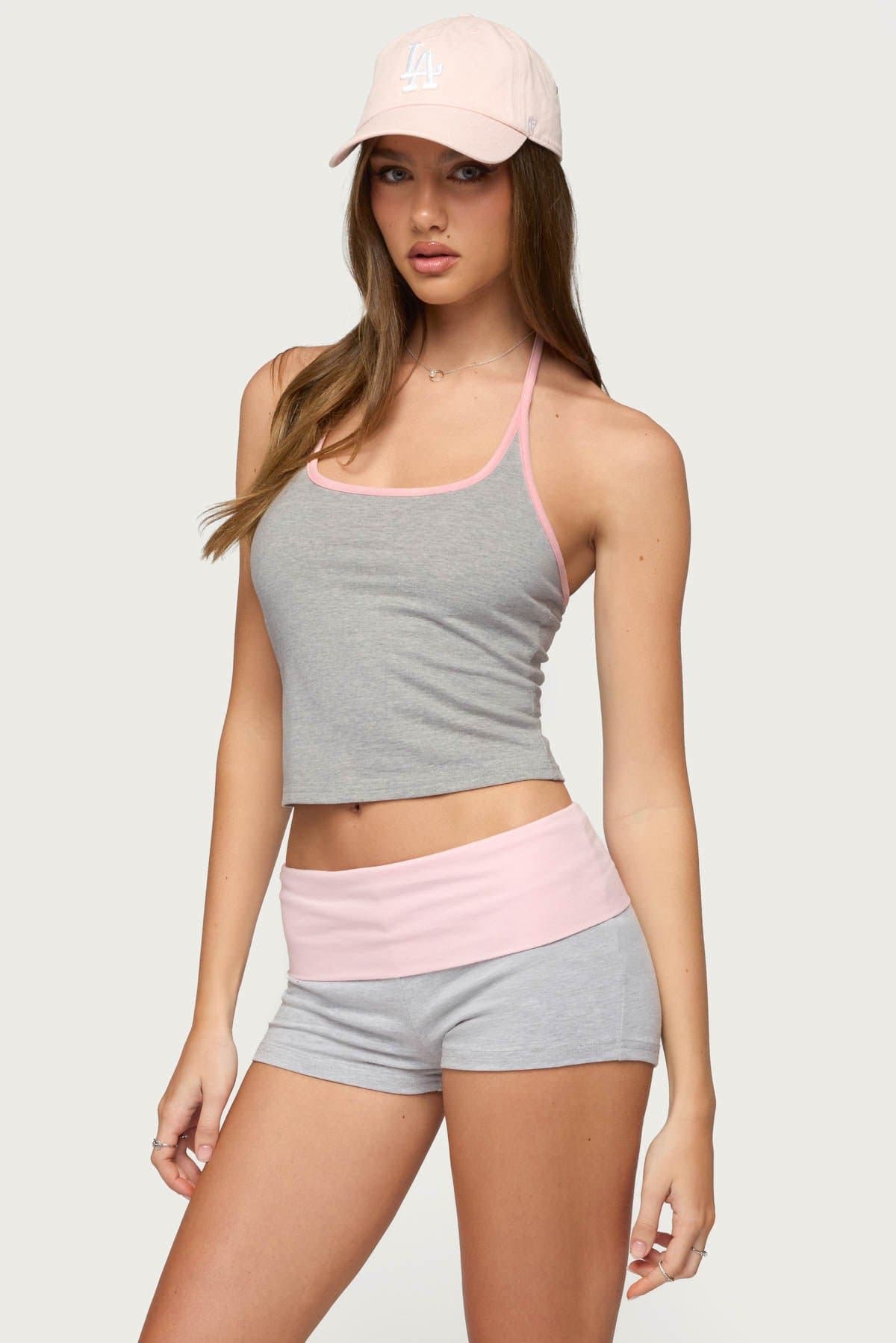 Yurie Contrast Halter Top with Neck Tie Closure, Cotton Spandex Blend