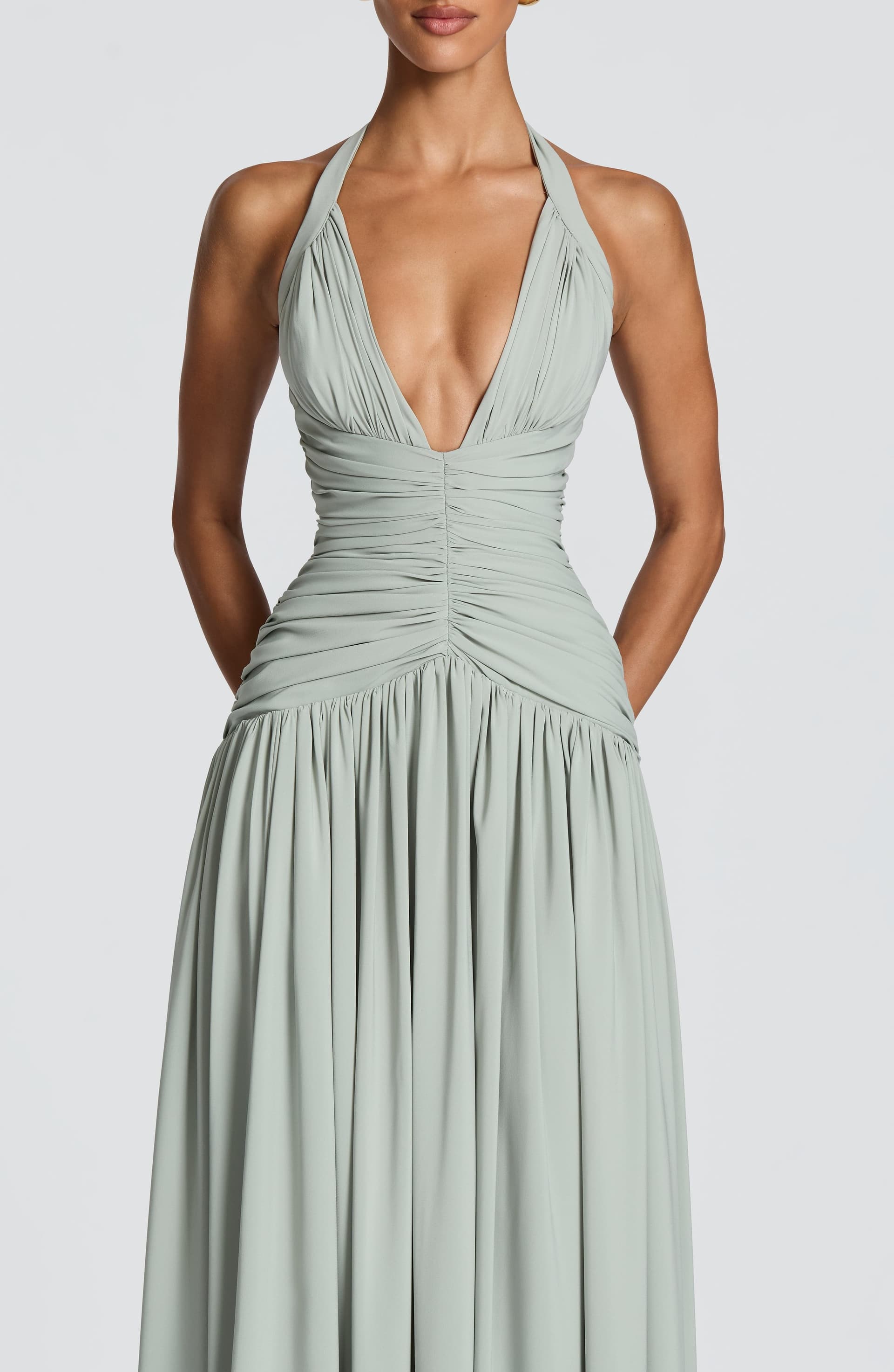 Amaris Maxi Dress - Sage Chiffon Plunge Halter Neck Thigh Split
