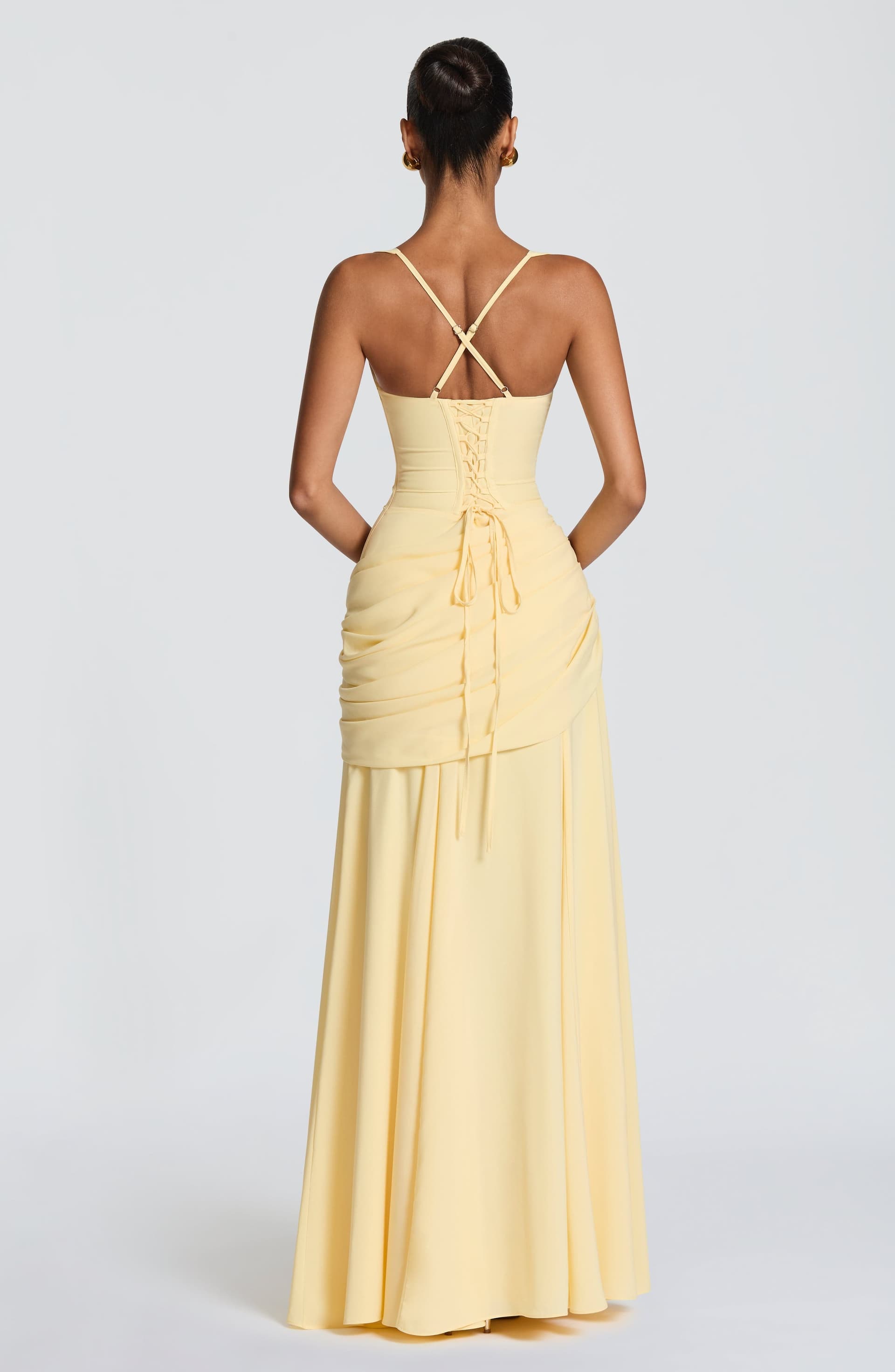 Sura Maxi Dress in Lemon Chiffon - Twist Cowl Neckline, Lace-Up Back