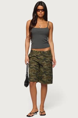 Camo Denim Low Rise Bermuda Shorts - Boyfriend Fit 100% Cotton
