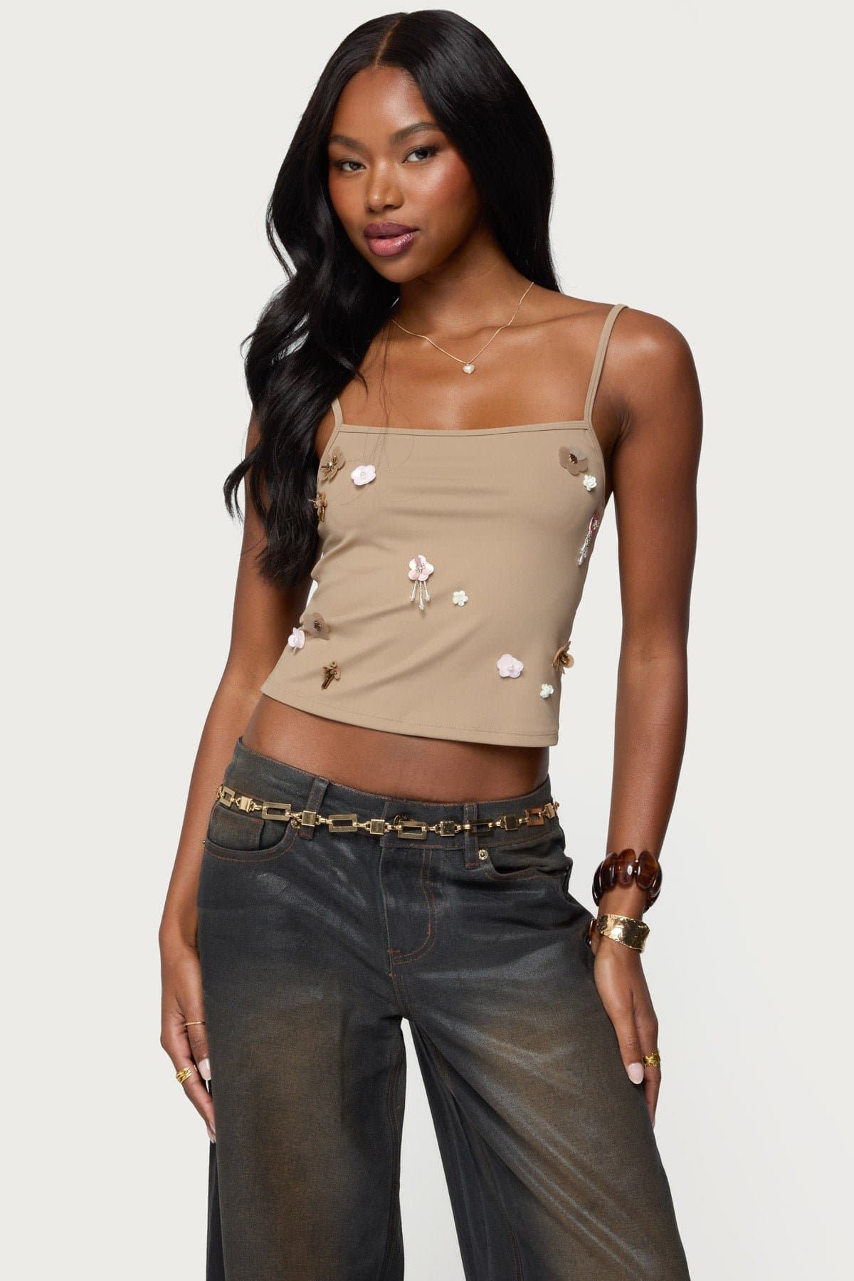 Malia Flower Applique Tank Top with Sequin Bead Detailing Adjustable Straps Polyester Spandex